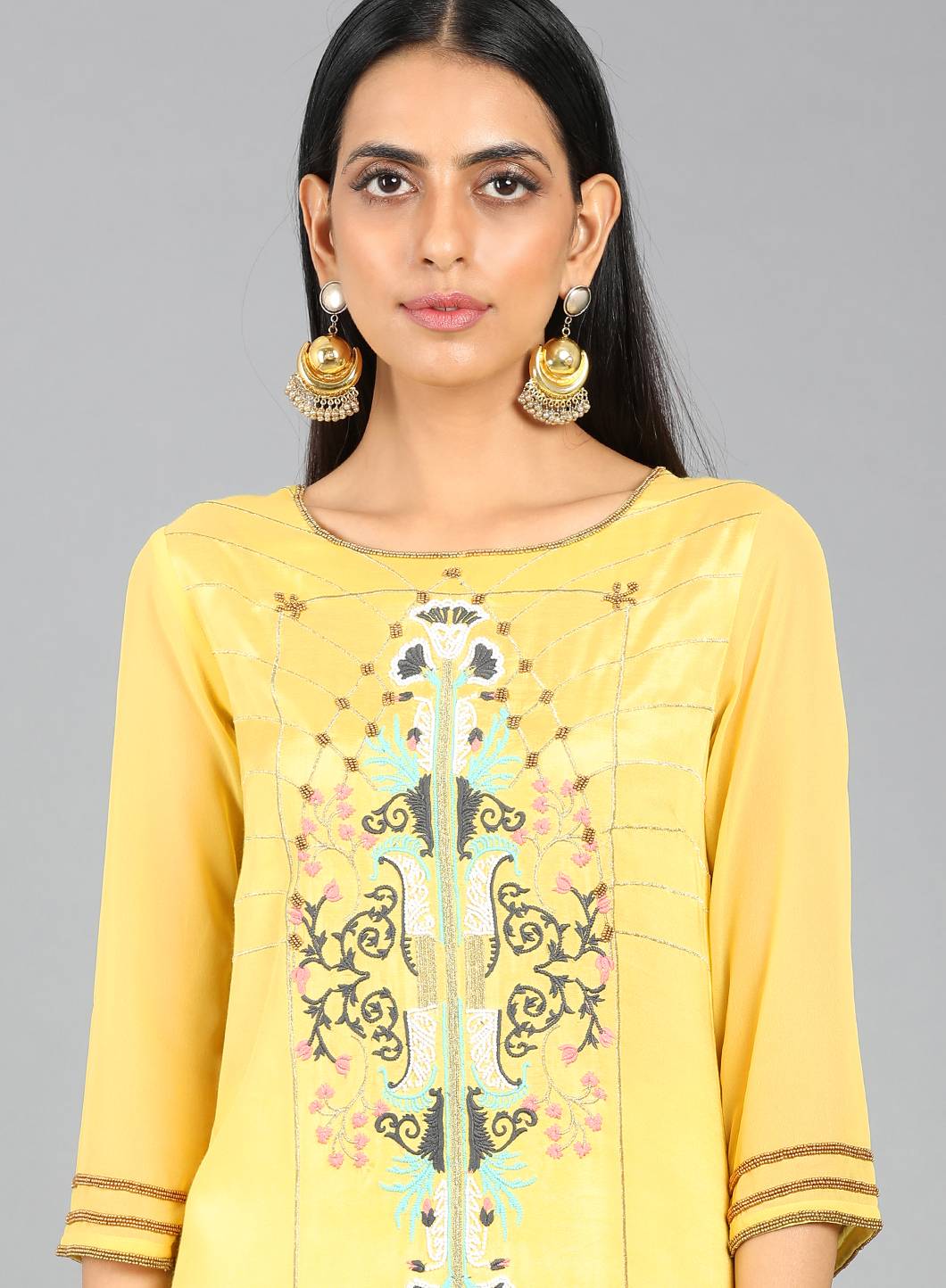 Yellow Round Neck Printed kurta