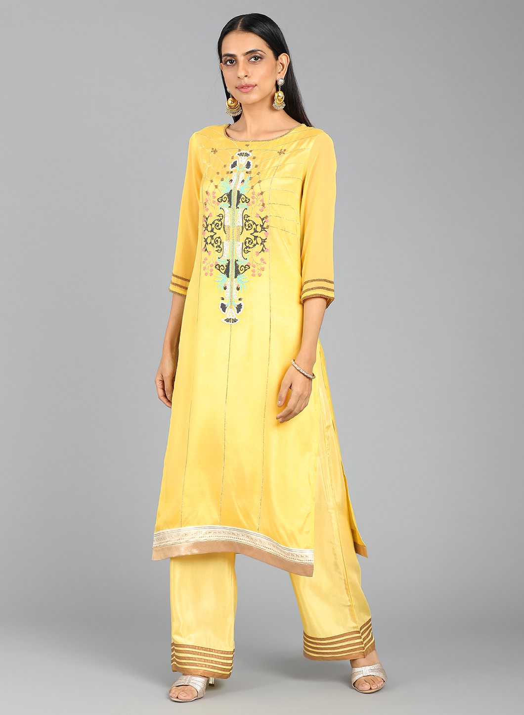 Yellow Round Neck Printed kurta