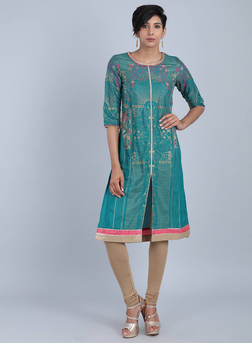 Green Round Neck Printed kurta