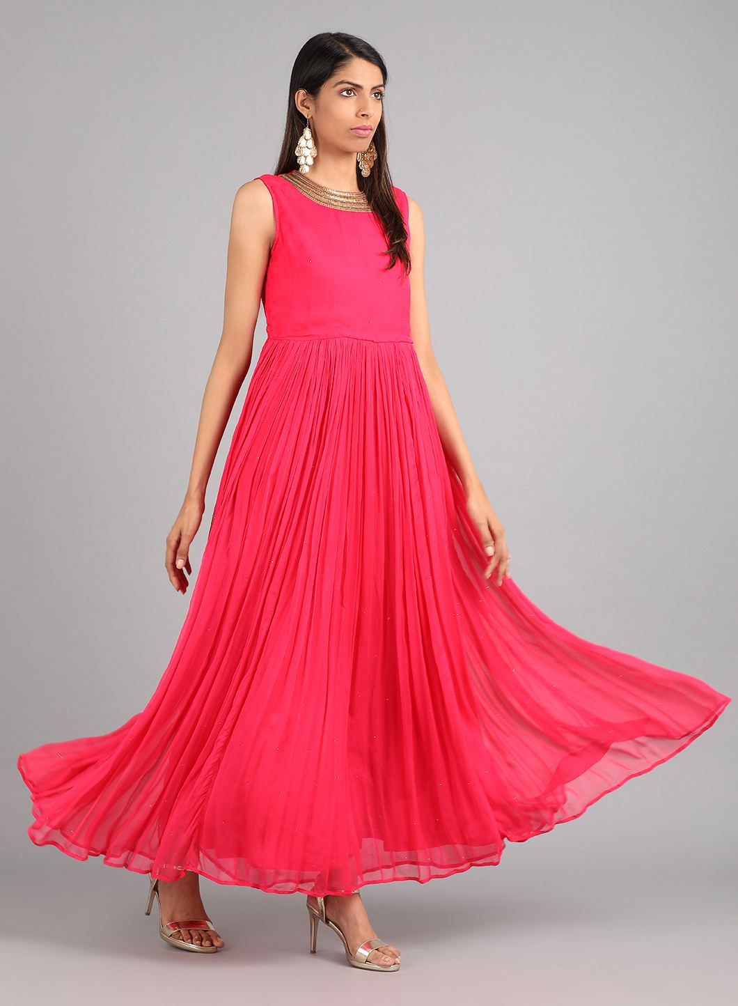Pink Round Neck Solid kurta Dress
