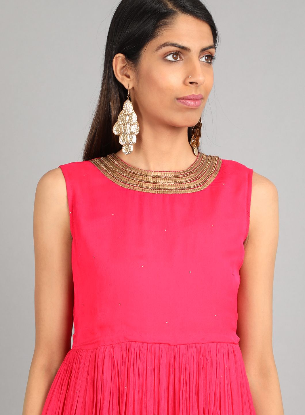 Pink Round Neck Solid kurta Dress