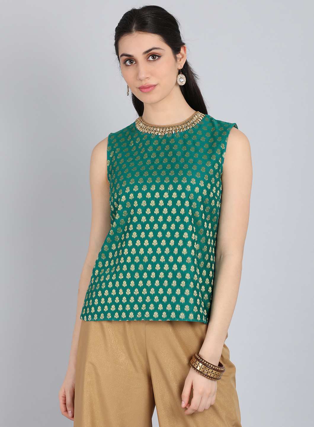 Green Round Neck Embellished Top