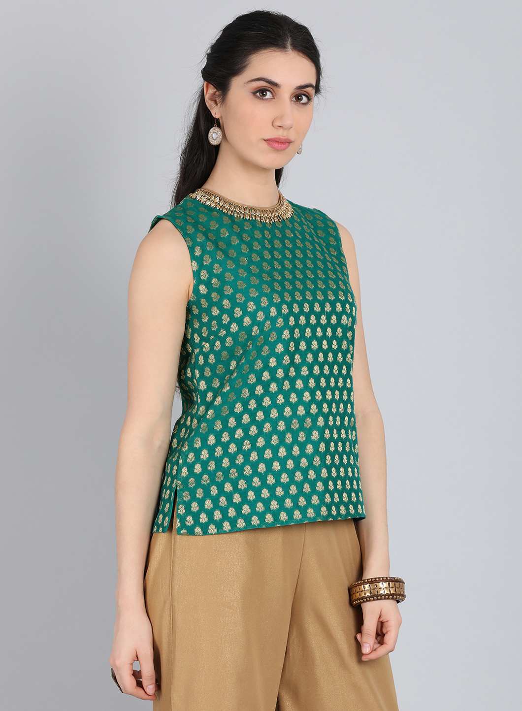Green Round Neck Embellished Top