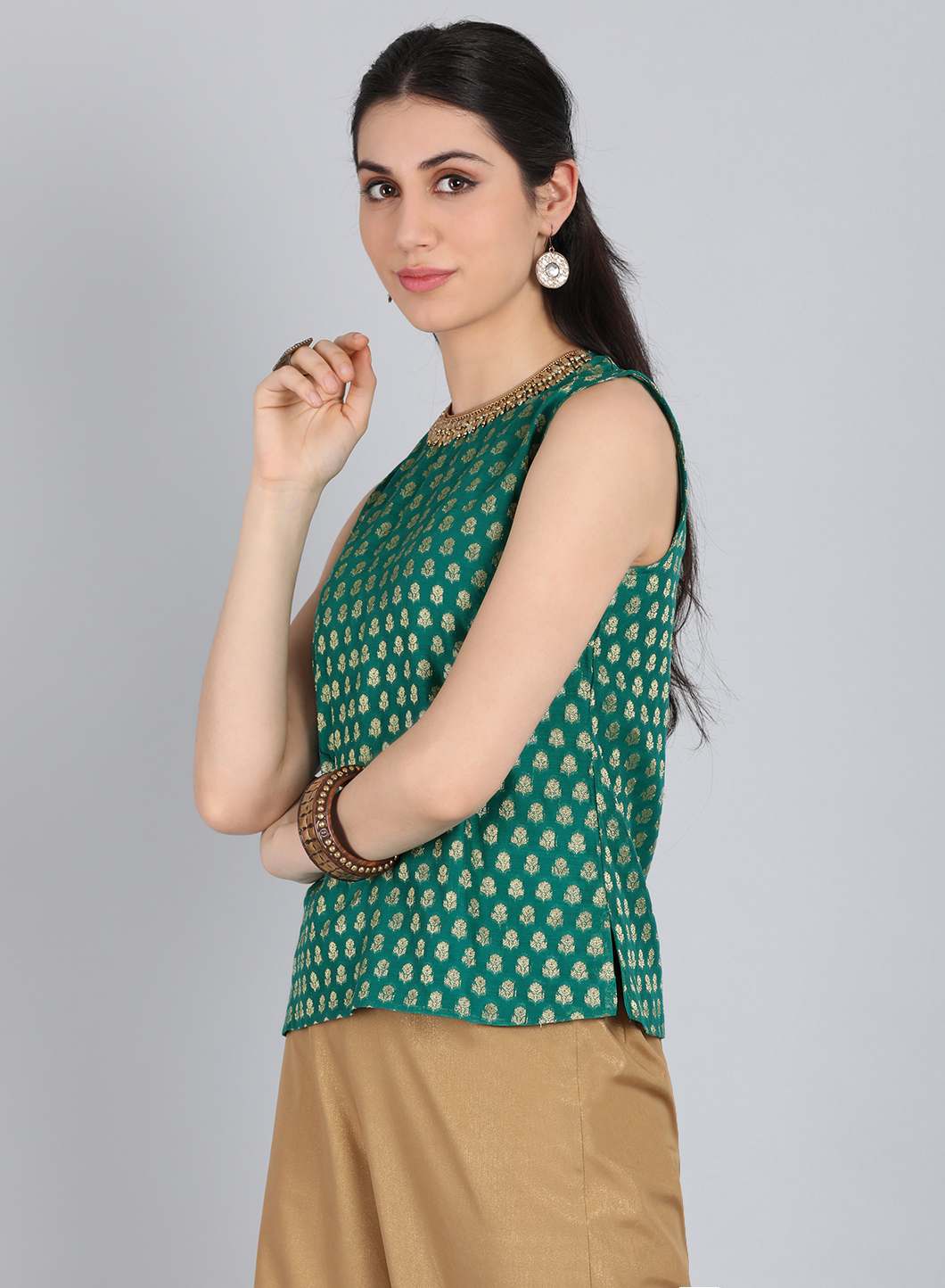 Green Round Neck Embellished Top