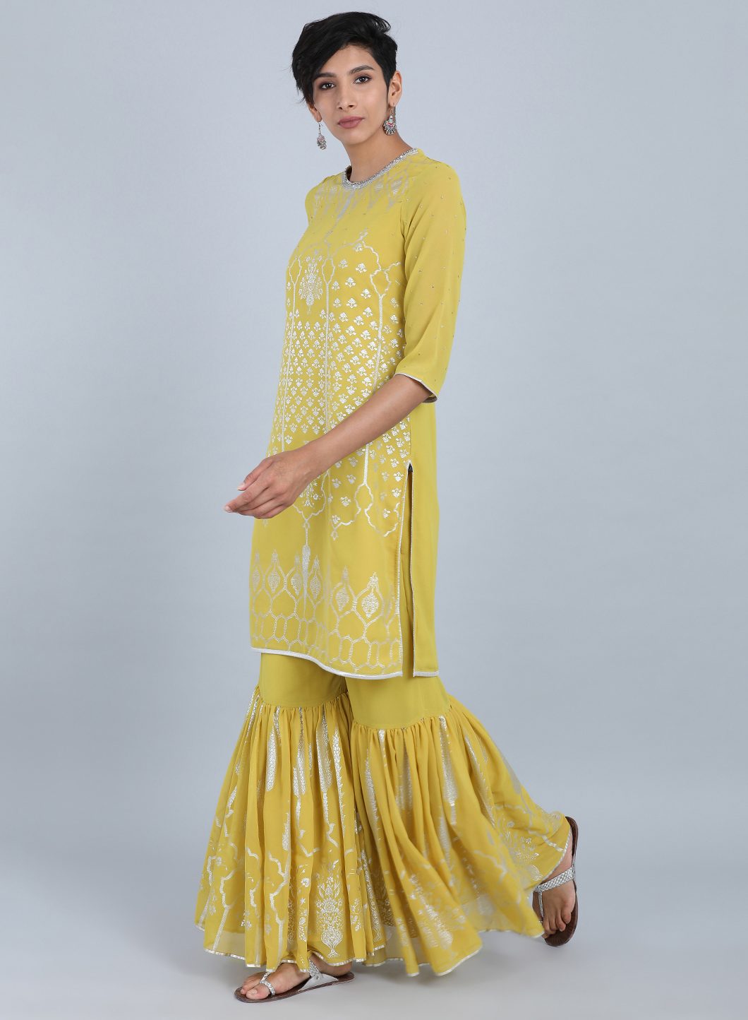 Lime Green Round Neck Printed kurta Set