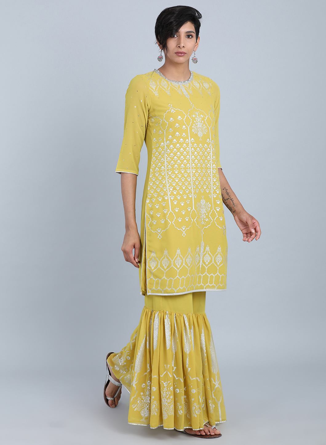Lime Green Round Neck Printed kurta Set