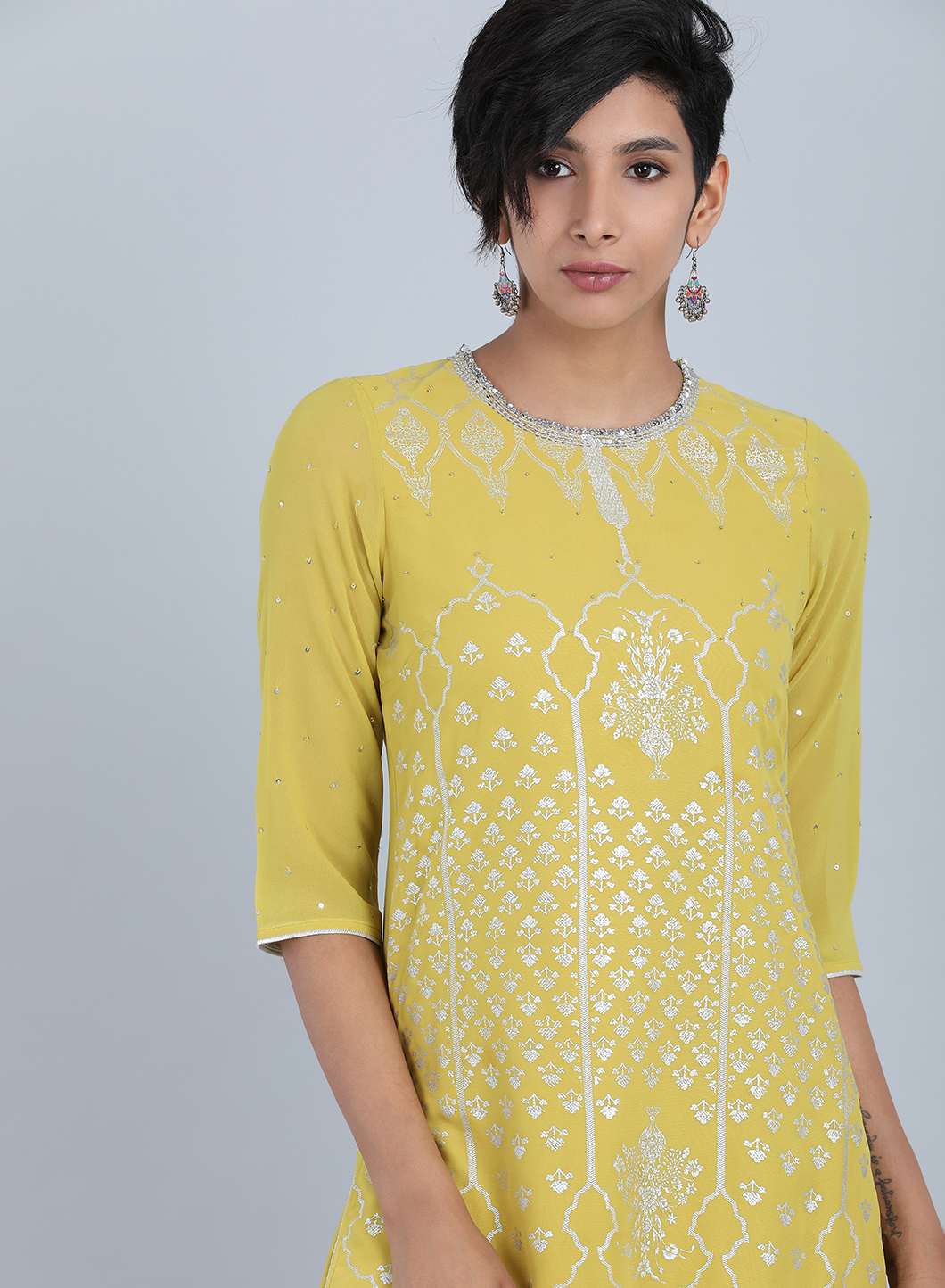 Lime Green Round Neck Printed kurta Set