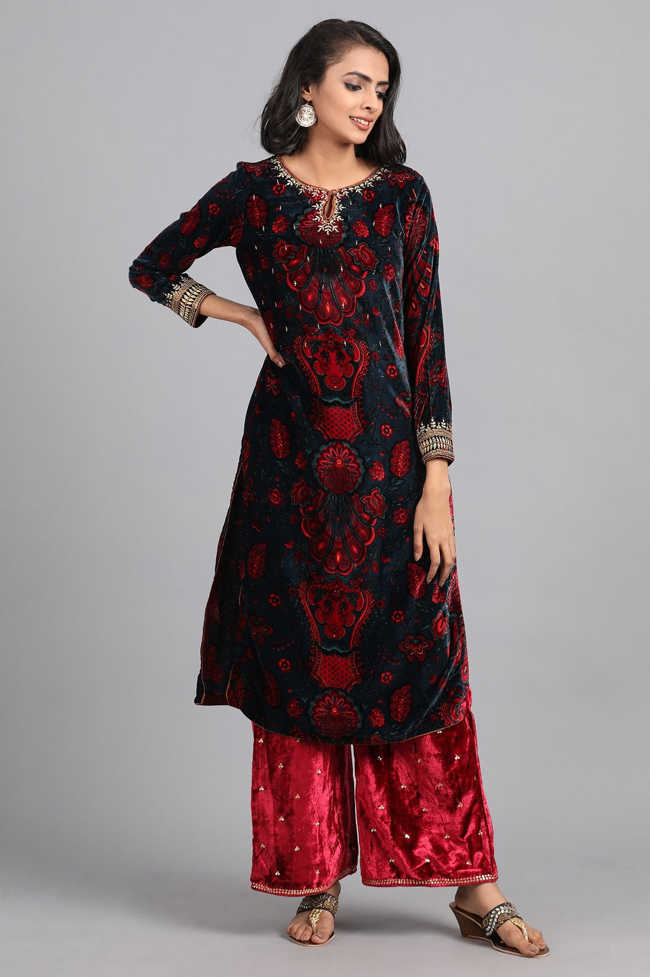Blue Round Neck Printed Winter kurta