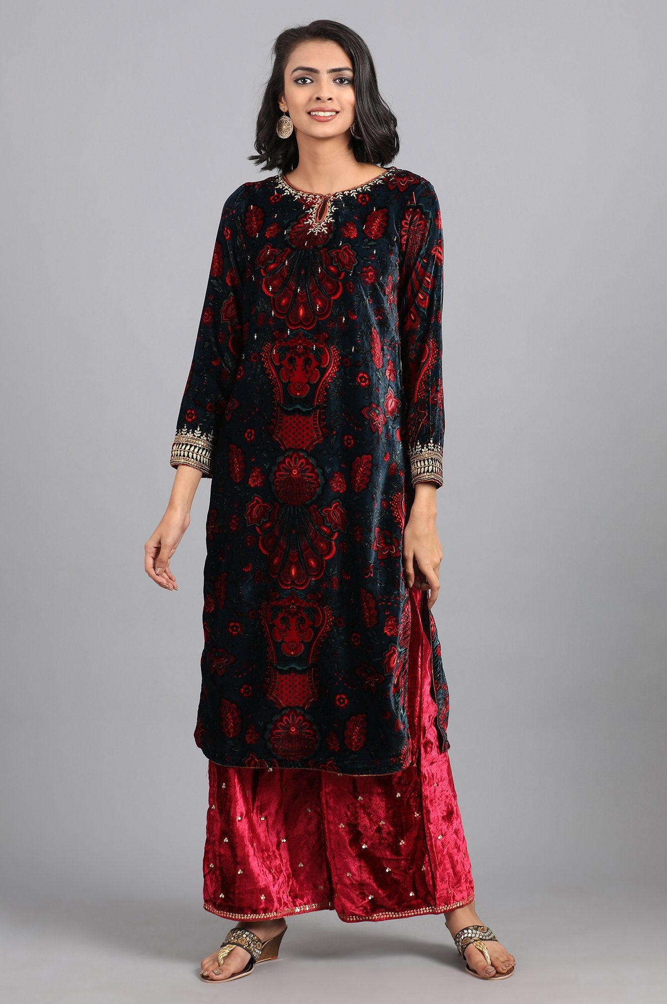 Blue Round Neck Printed Winter kurta