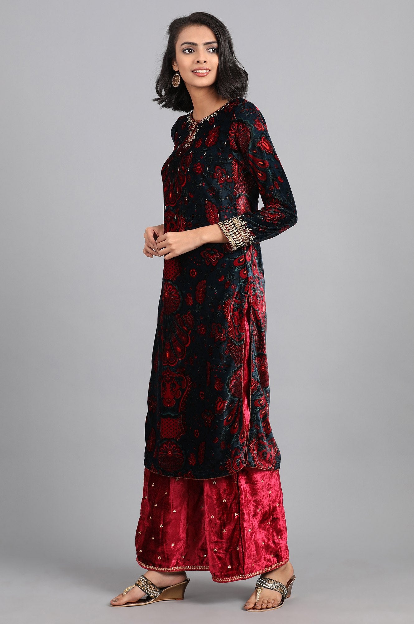 Blue Round Neck Printed Winter kurta
