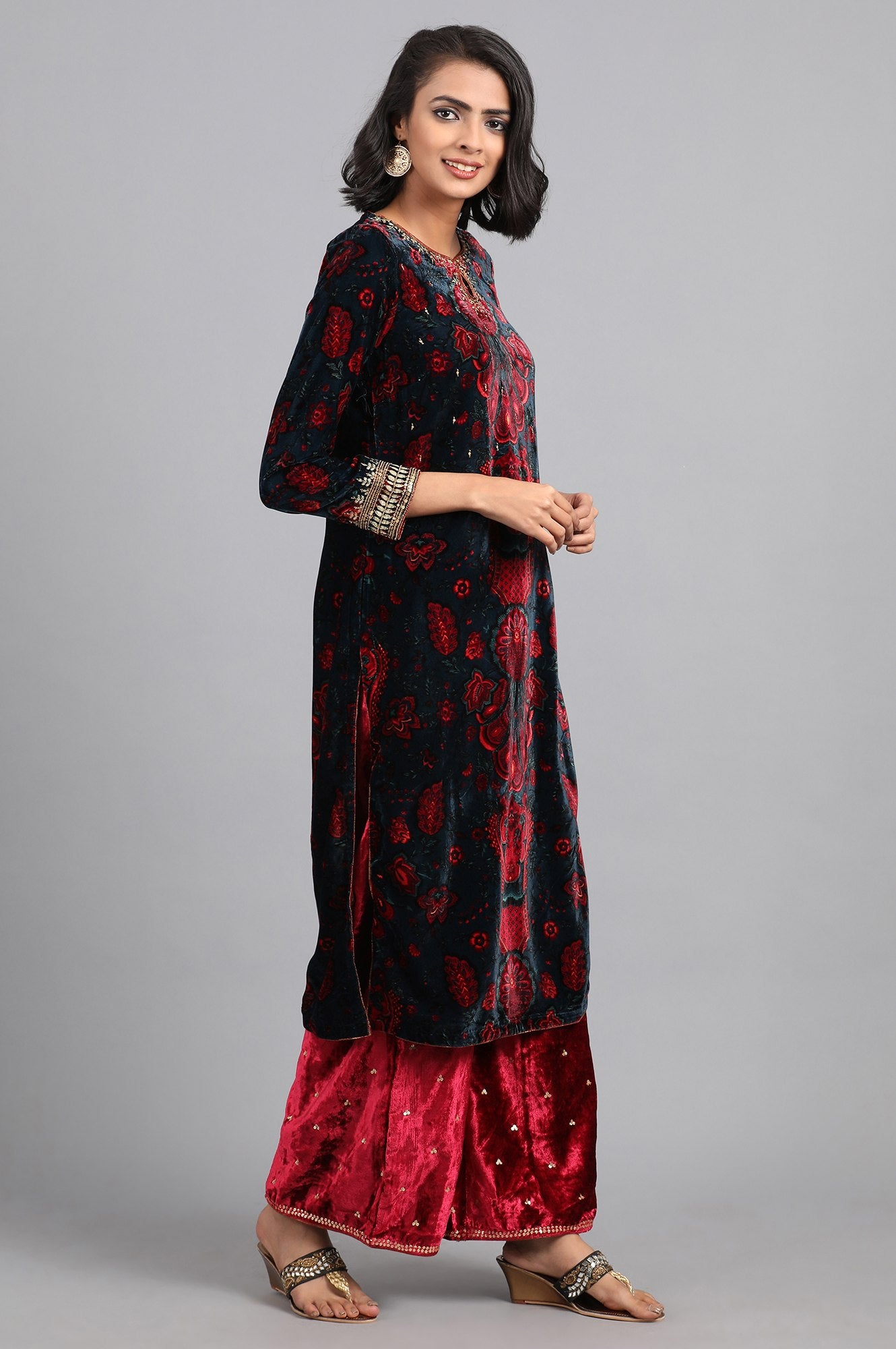Blue Round Neck Printed Winter kurta