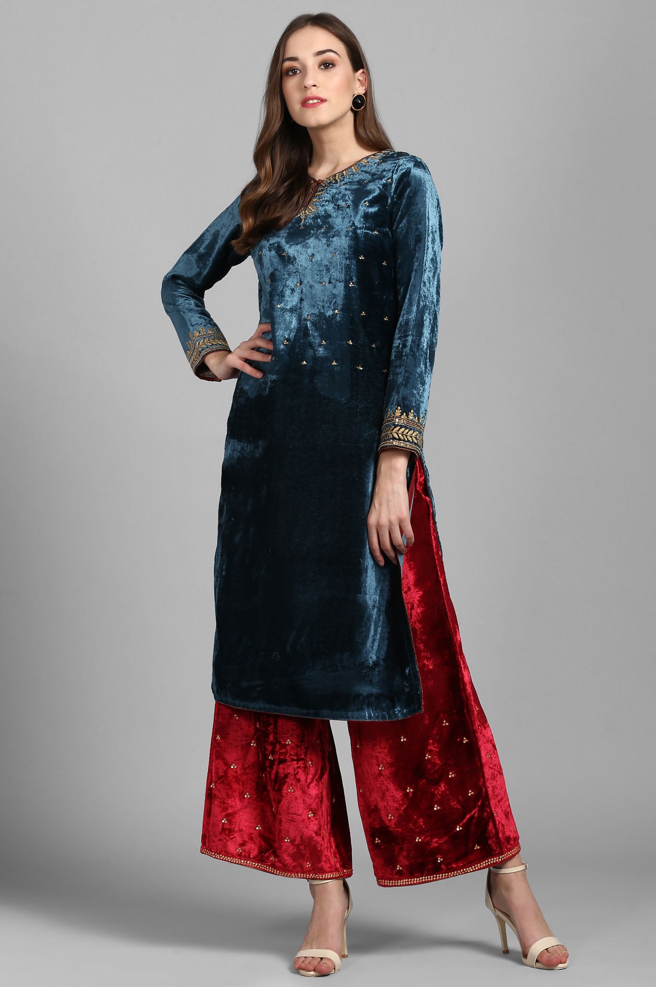 Green Round Neck Velvet Winter kurta