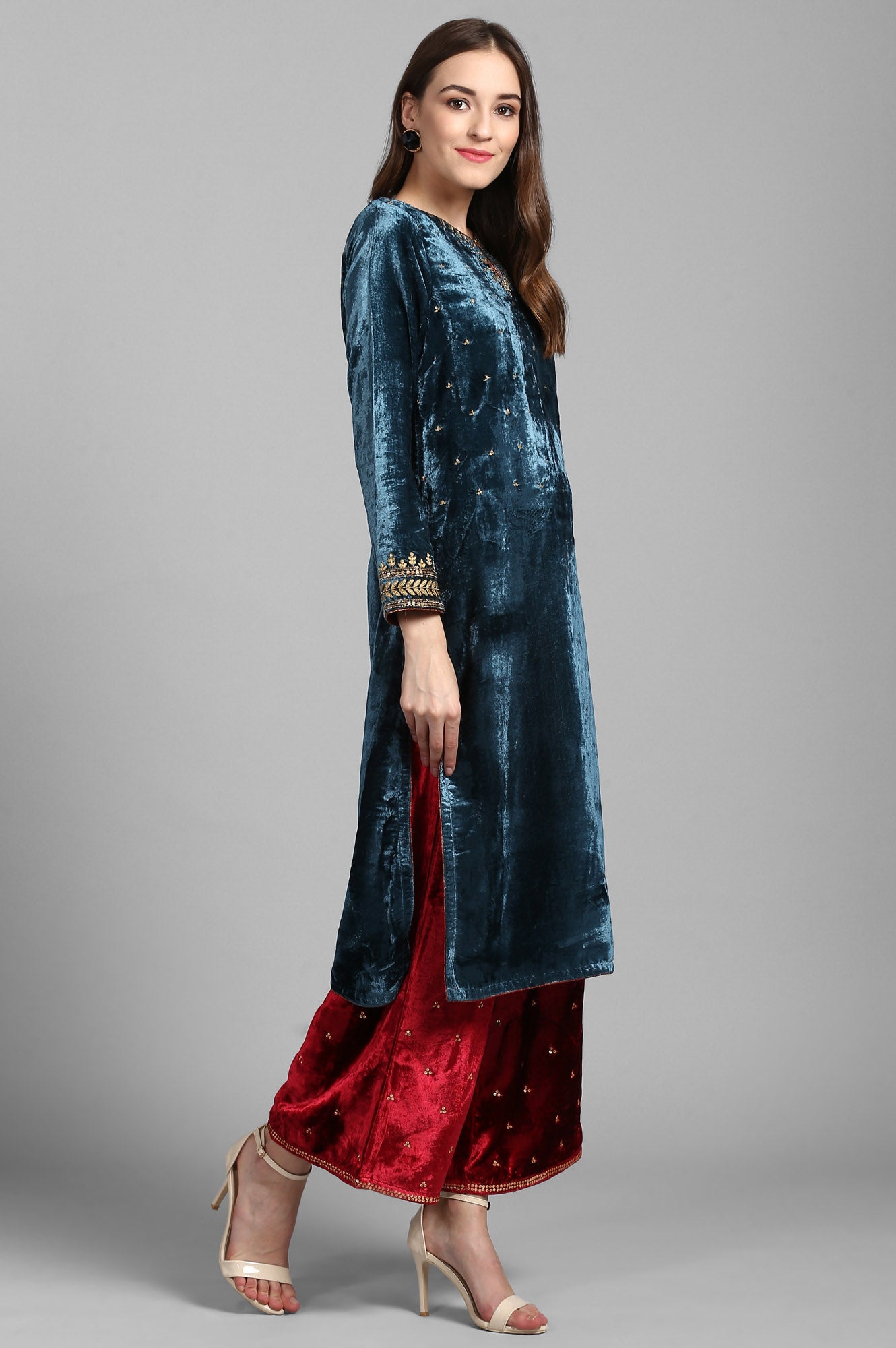 Green Round Neck Velvet Winter kurta