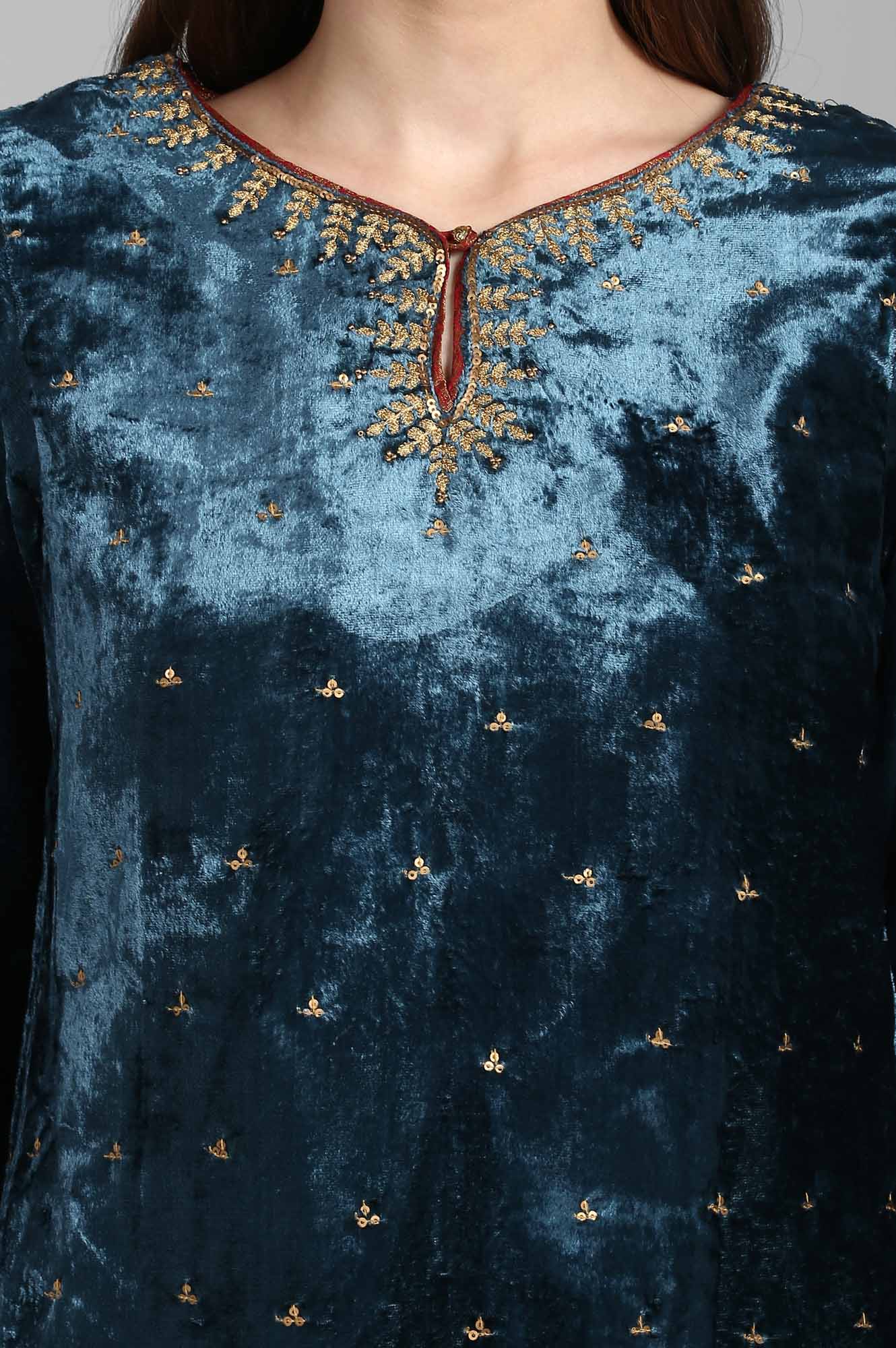 Green Round Neck Velvet Winter kurta