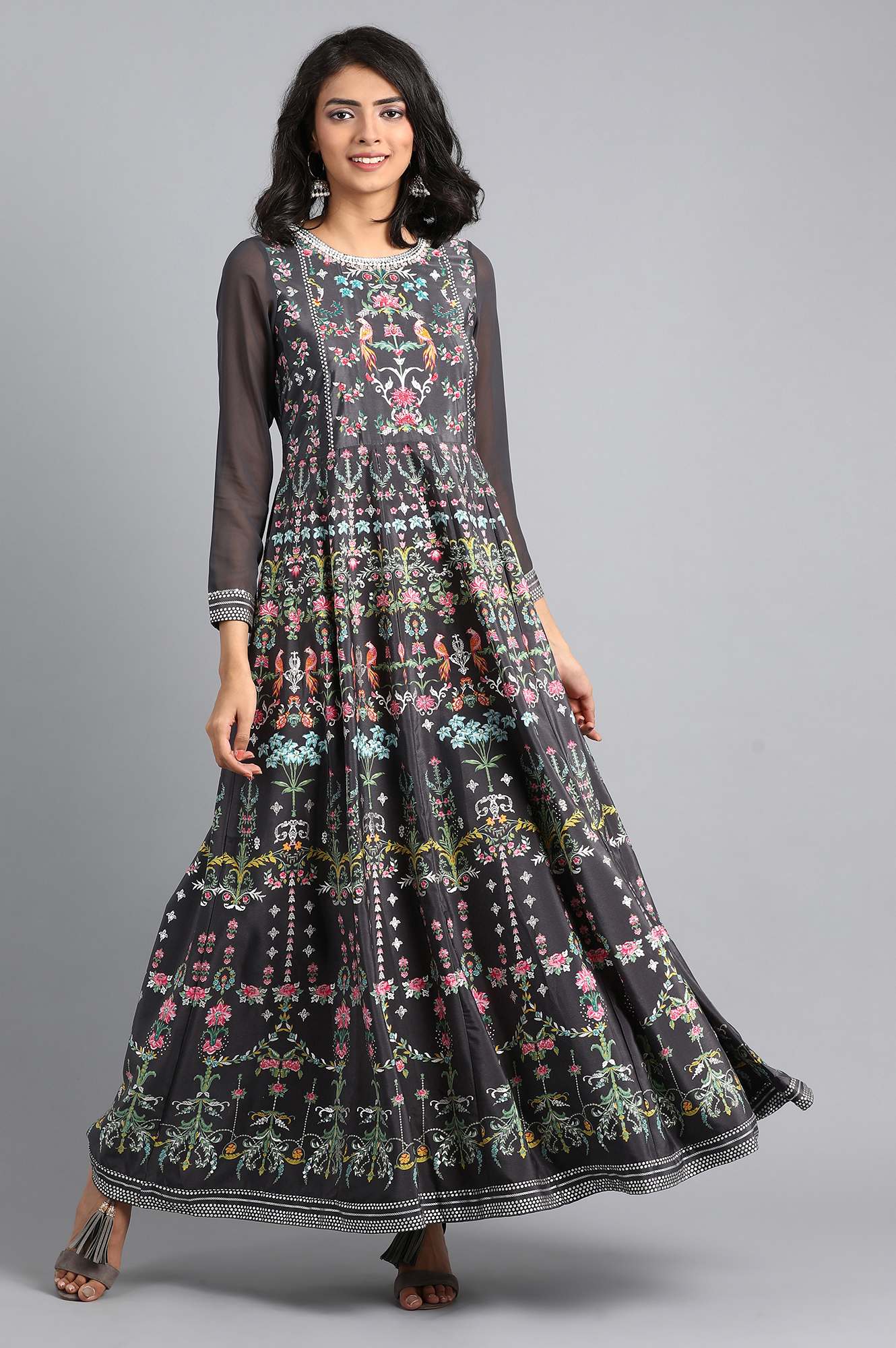 Grey Round Neck Embroidered Dress