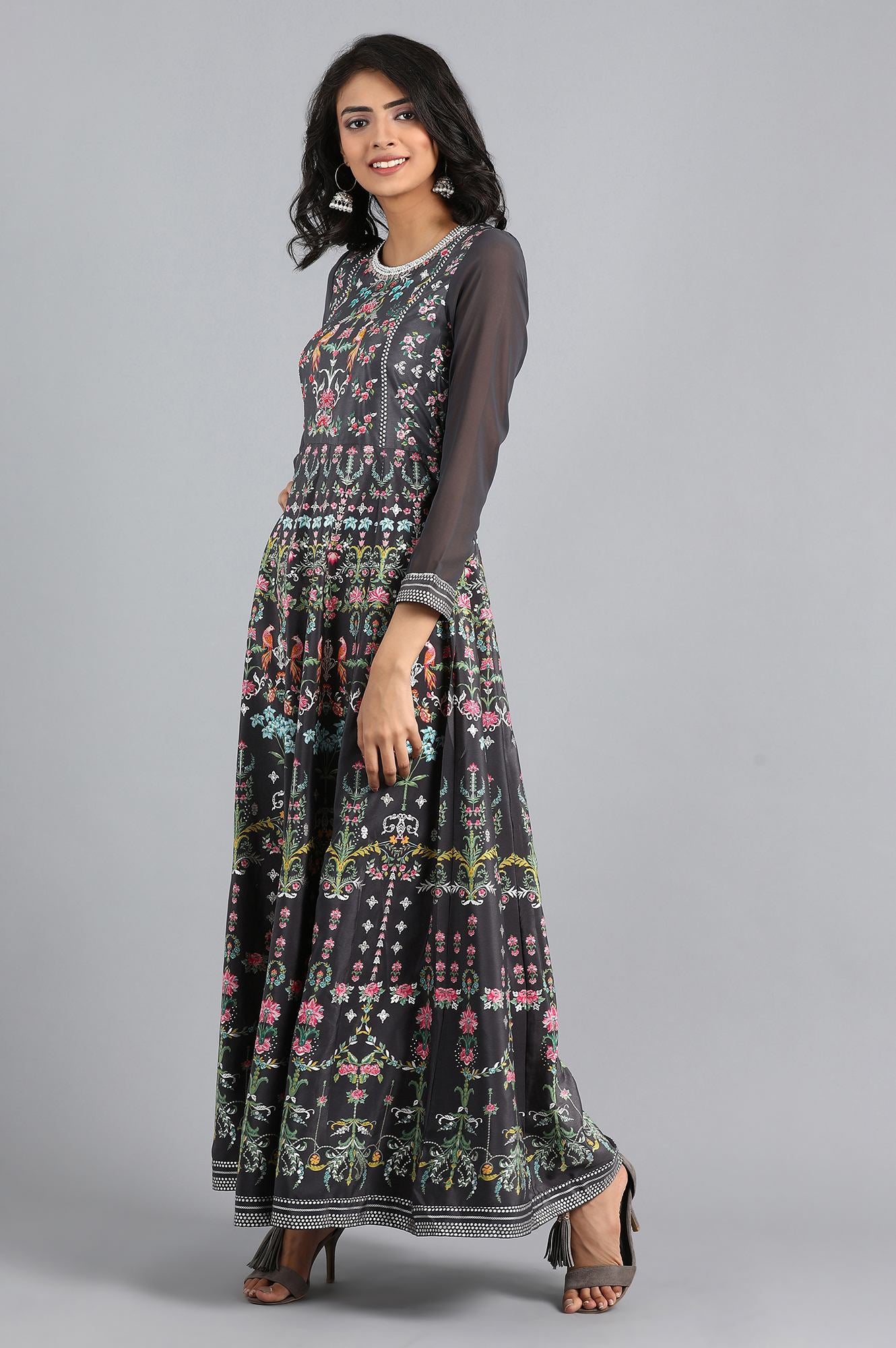 Grey Round Neck Embroidered Dress