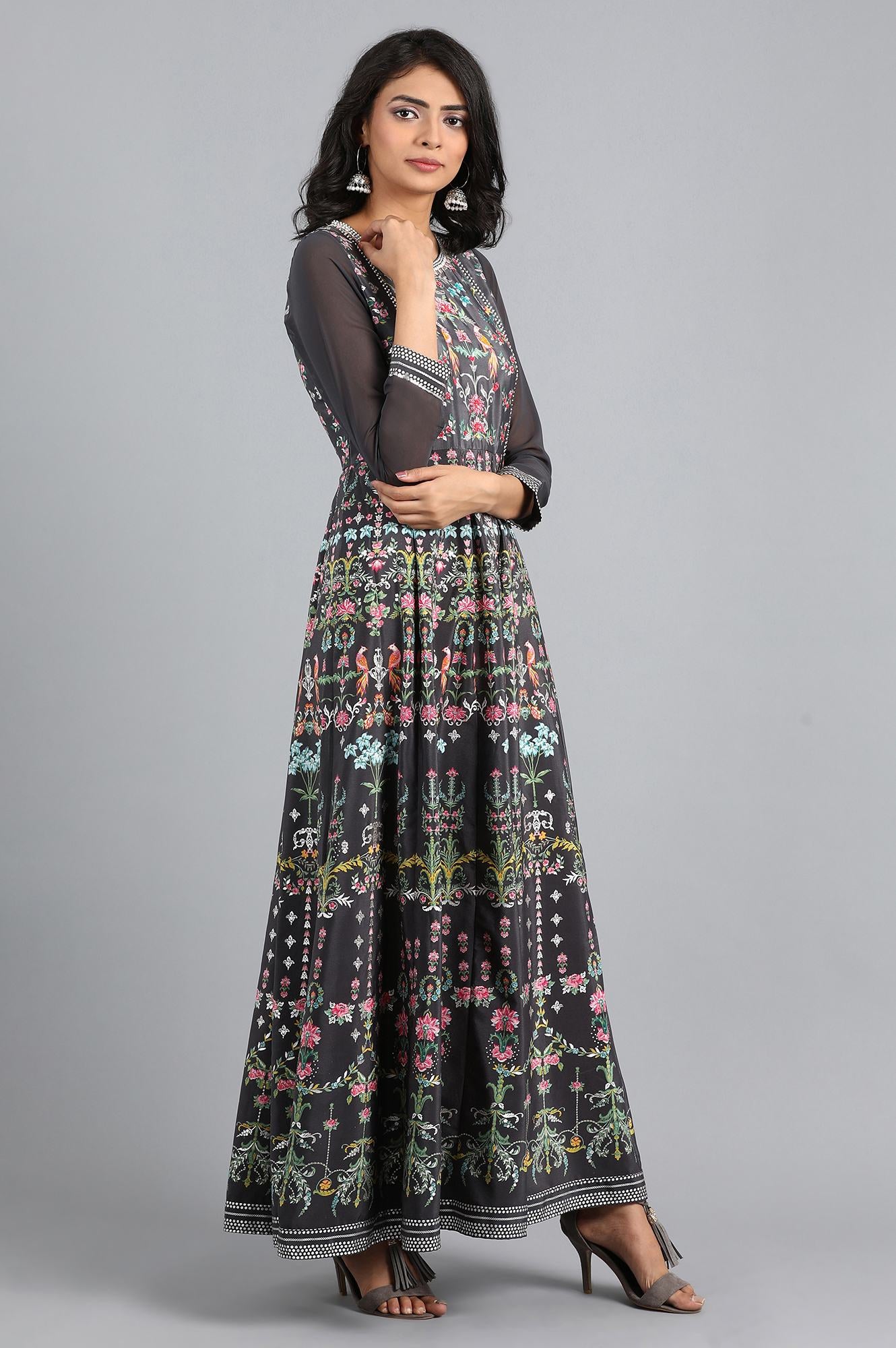 Grey Round Neck Embroidered Dress