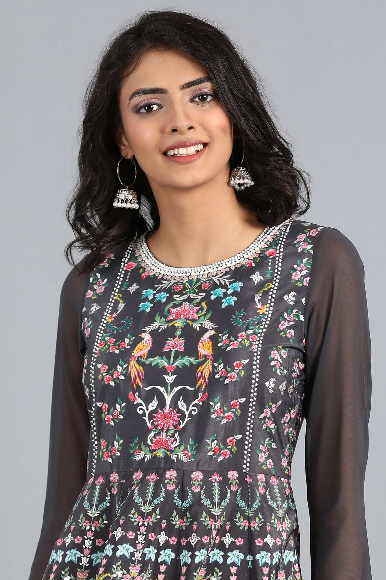 Grey Round Neck Embroidered Dress