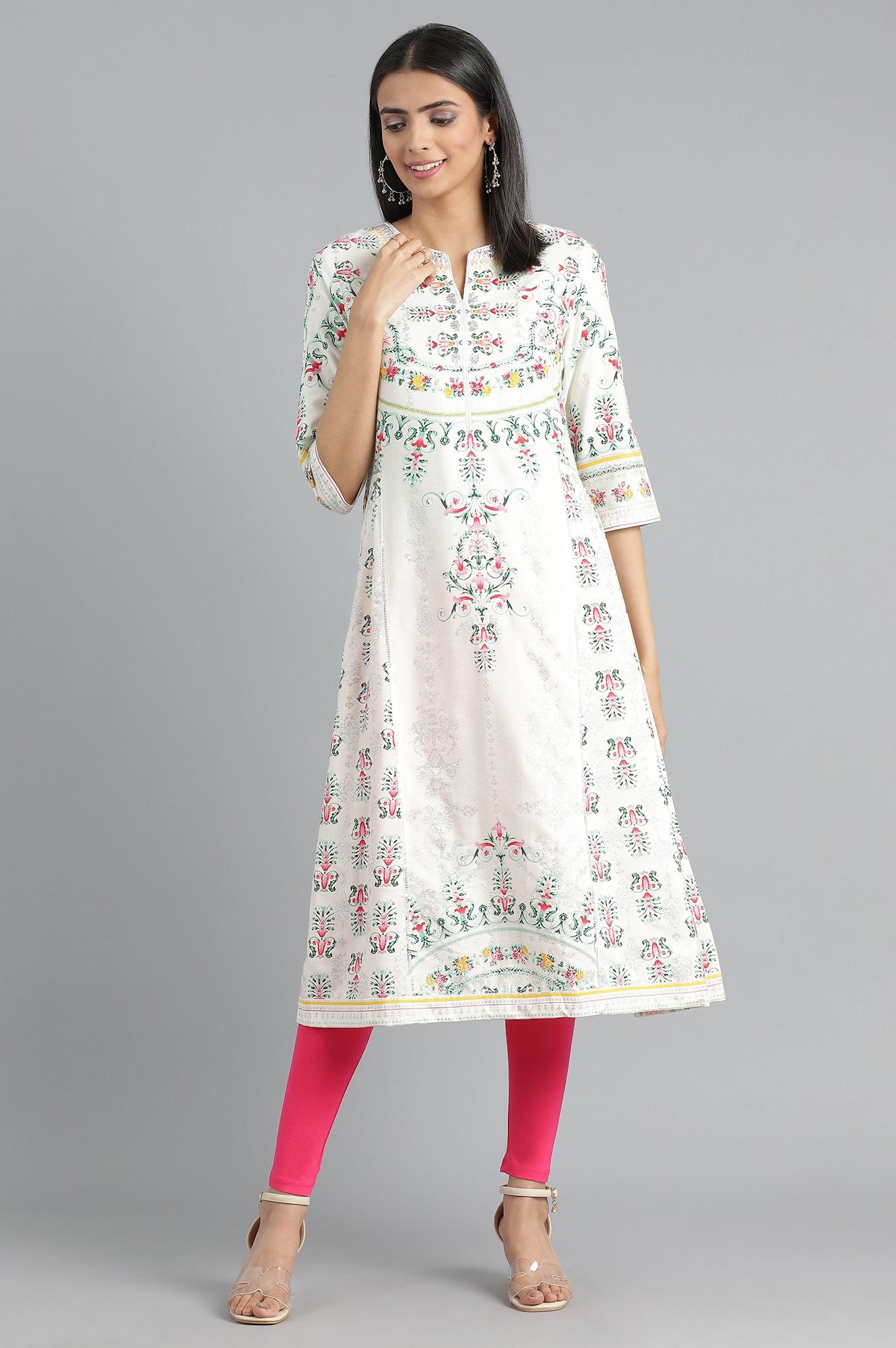 Ecru Round Neck Printed kurta