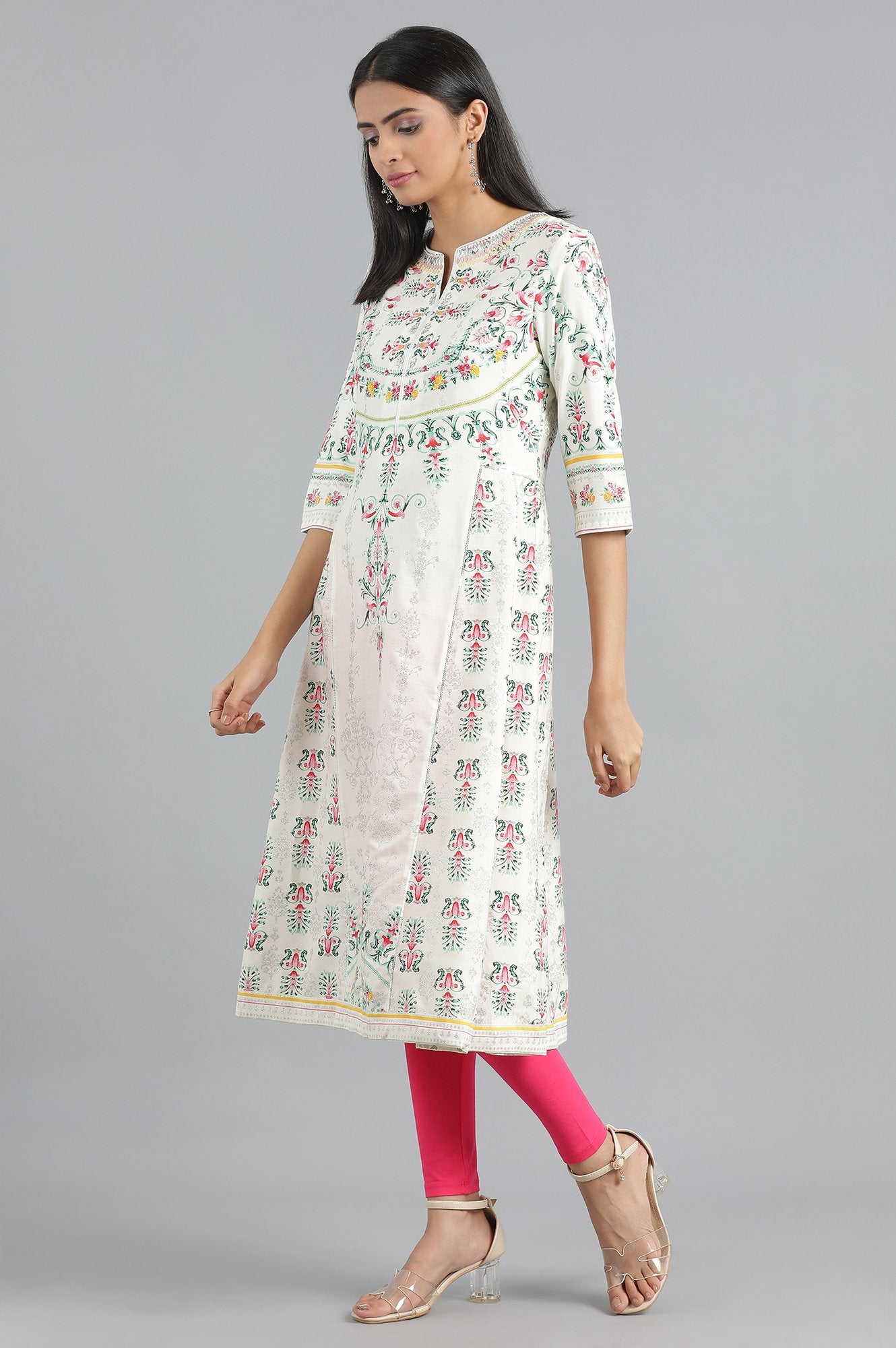 Ecru Round Neck Printed kurta