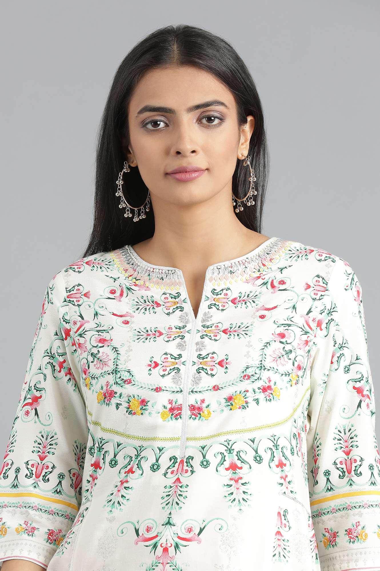Ecru Round Neck Printed kurta