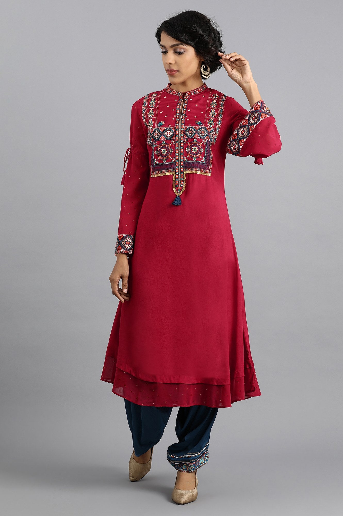 Red Mandarin Neck Embroidered kurta