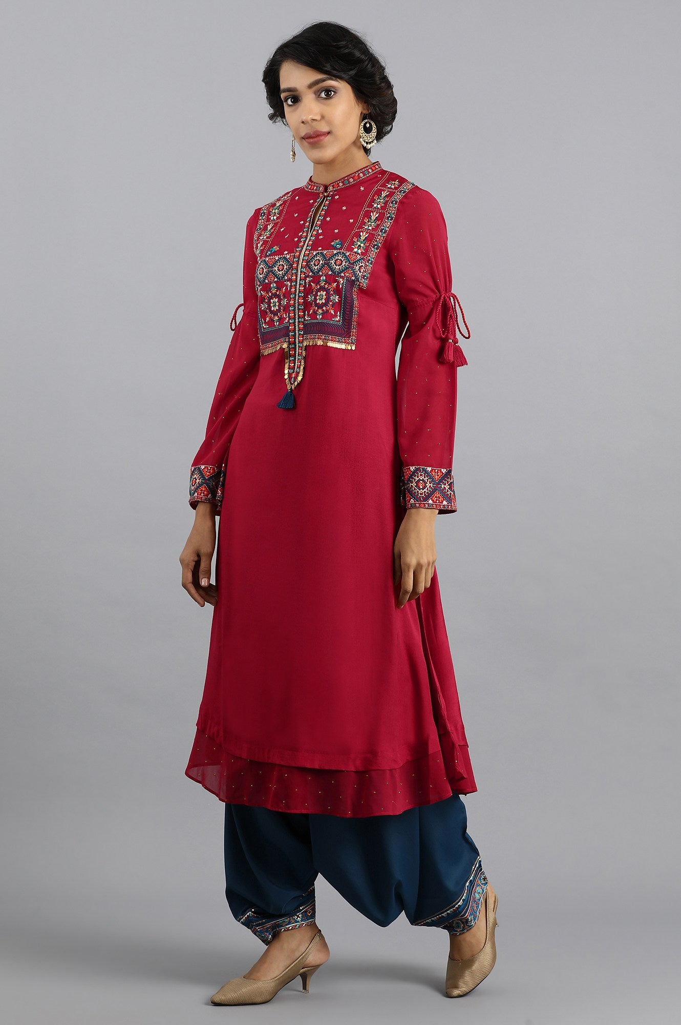 Red Mandarin Neck Embroidered kurta