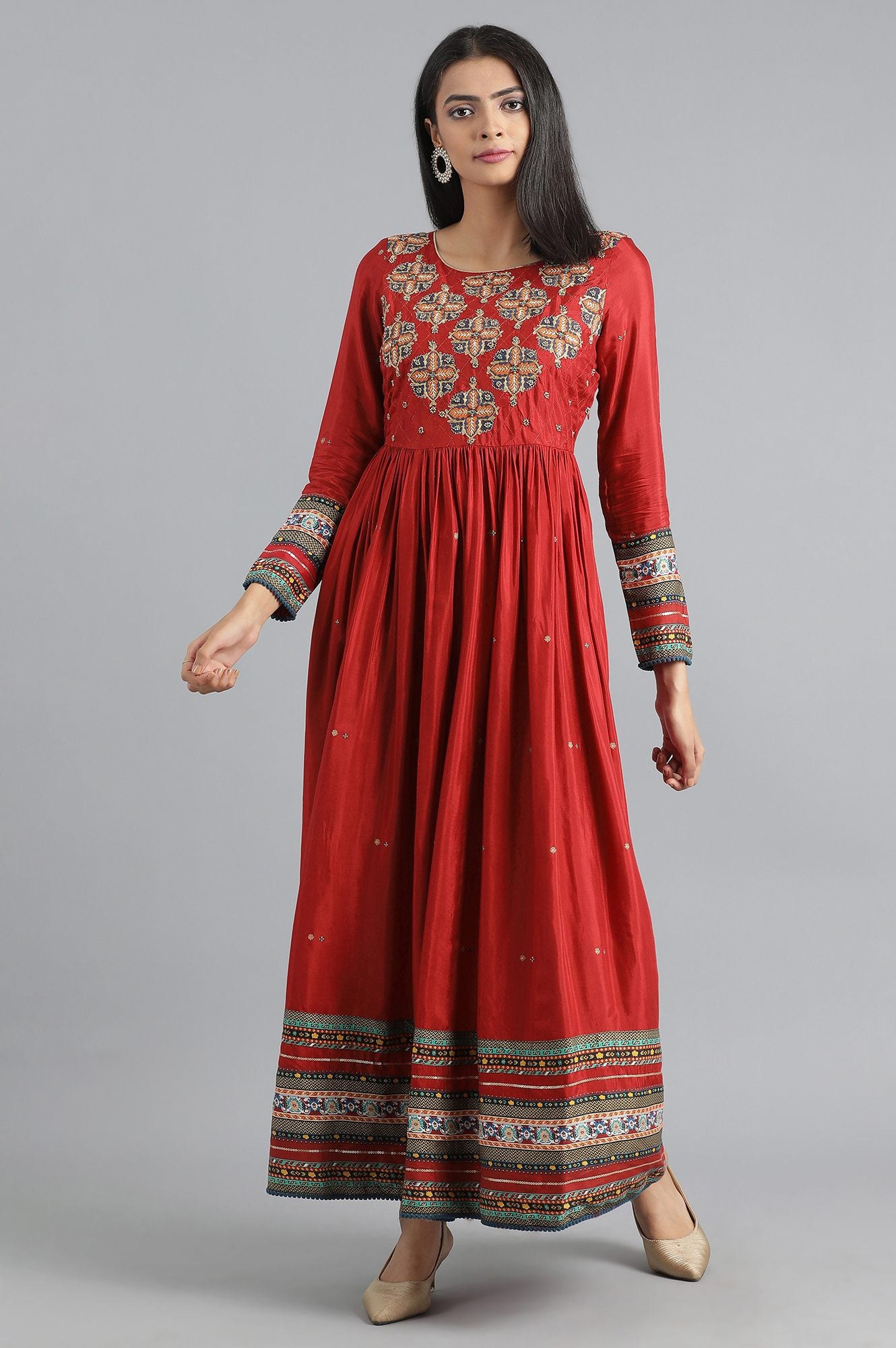 Red Round Neck Embroidered Dress