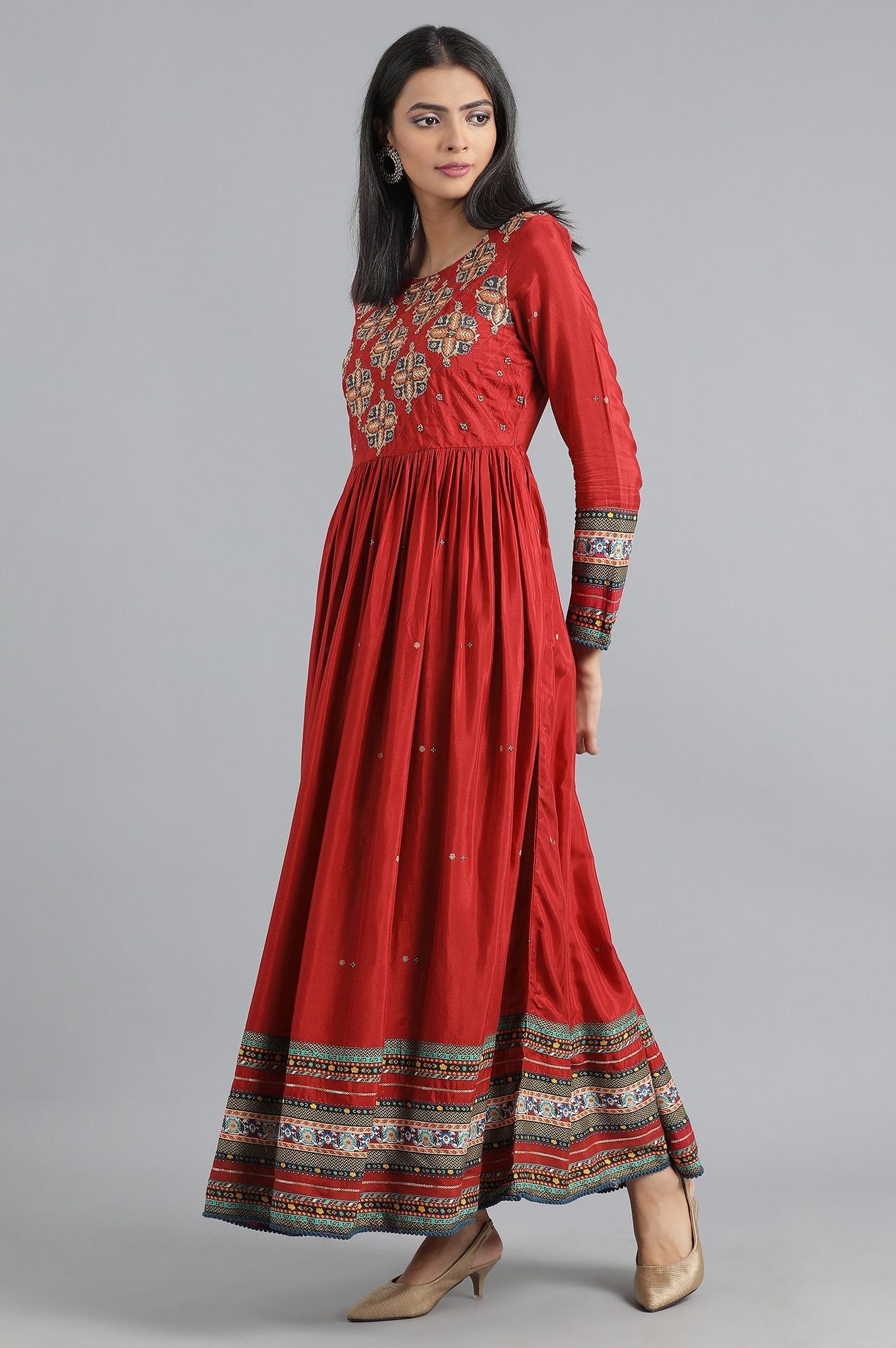 Red Round Neck Embroidered Dress