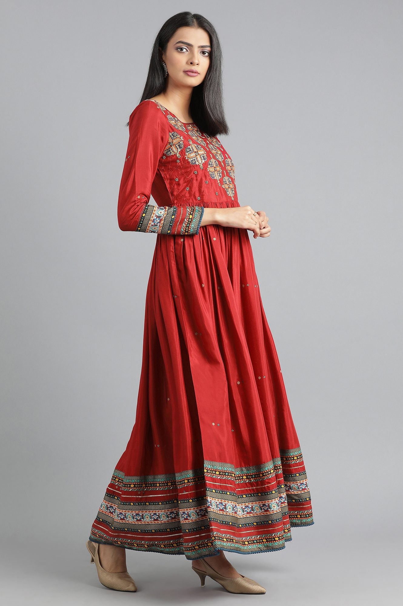 Red Round Neck Embroidered Dress