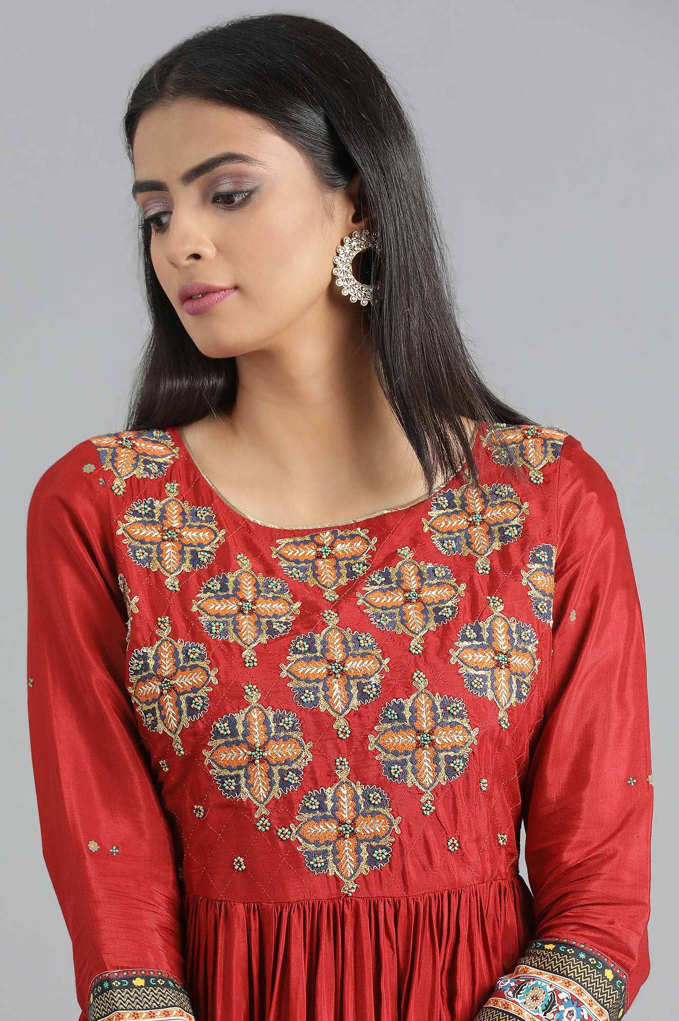 Red Round Neck Embroidered Dress