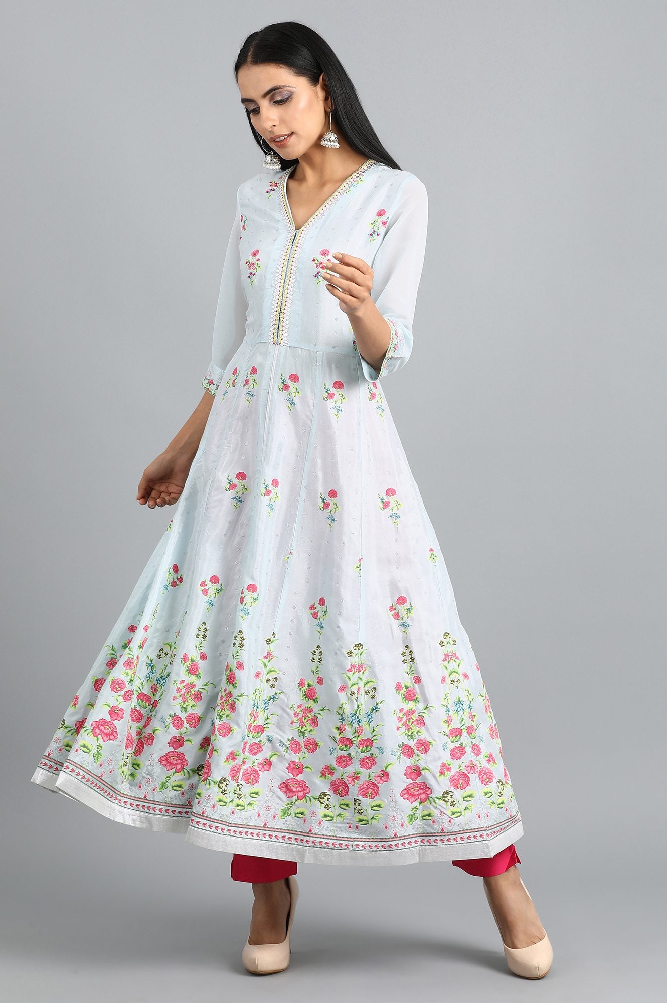 Blue V-Neck Printed kurta