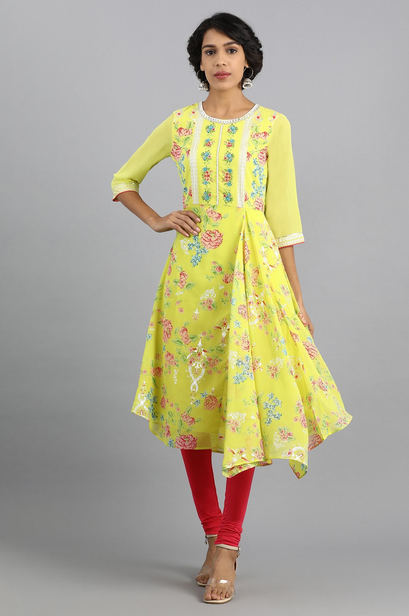 Yellow Round Neck Printed kurta