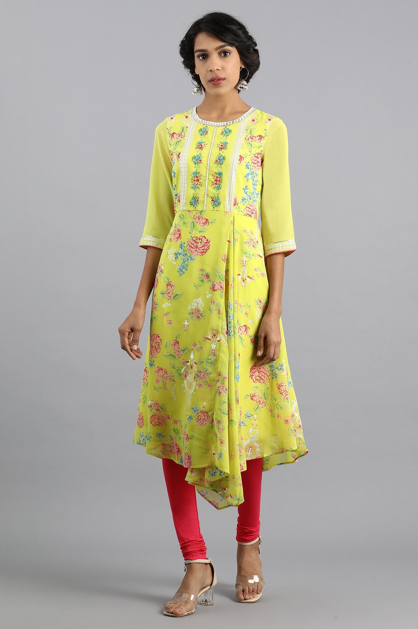 Yellow Round Neck Printed kurta