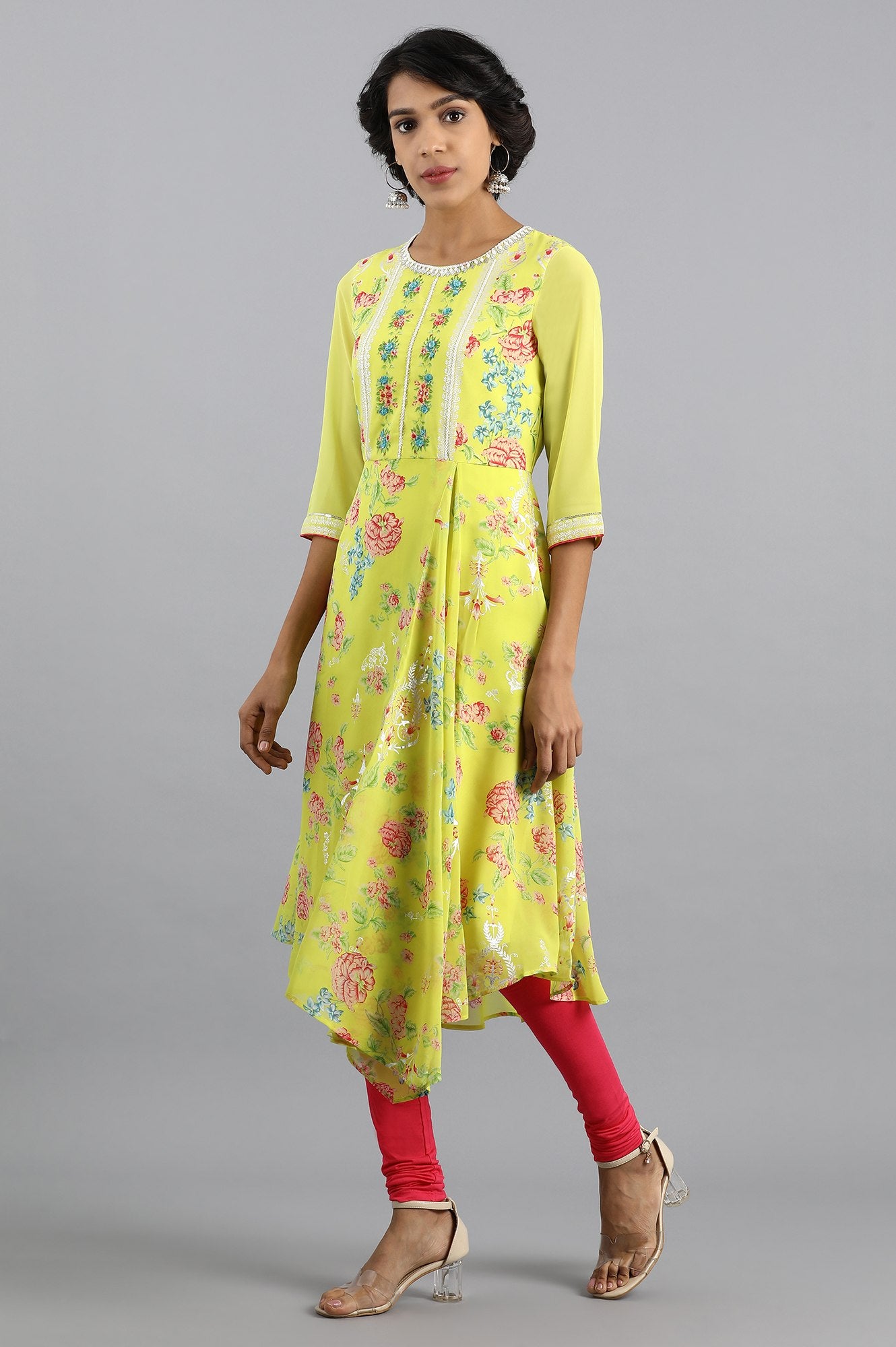 Yellow Round Neck Printed kurta