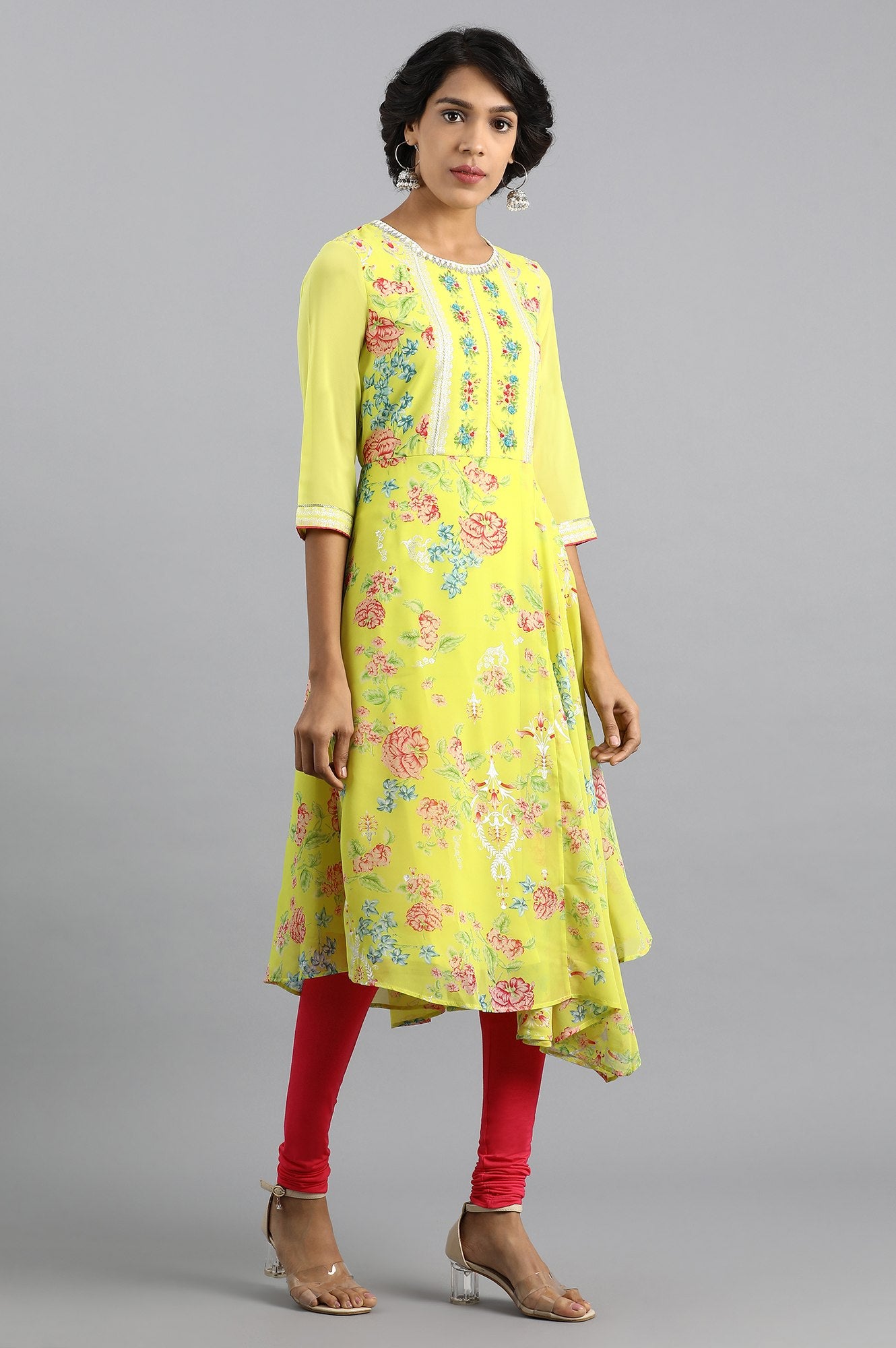 Yellow Round Neck Printed kurta