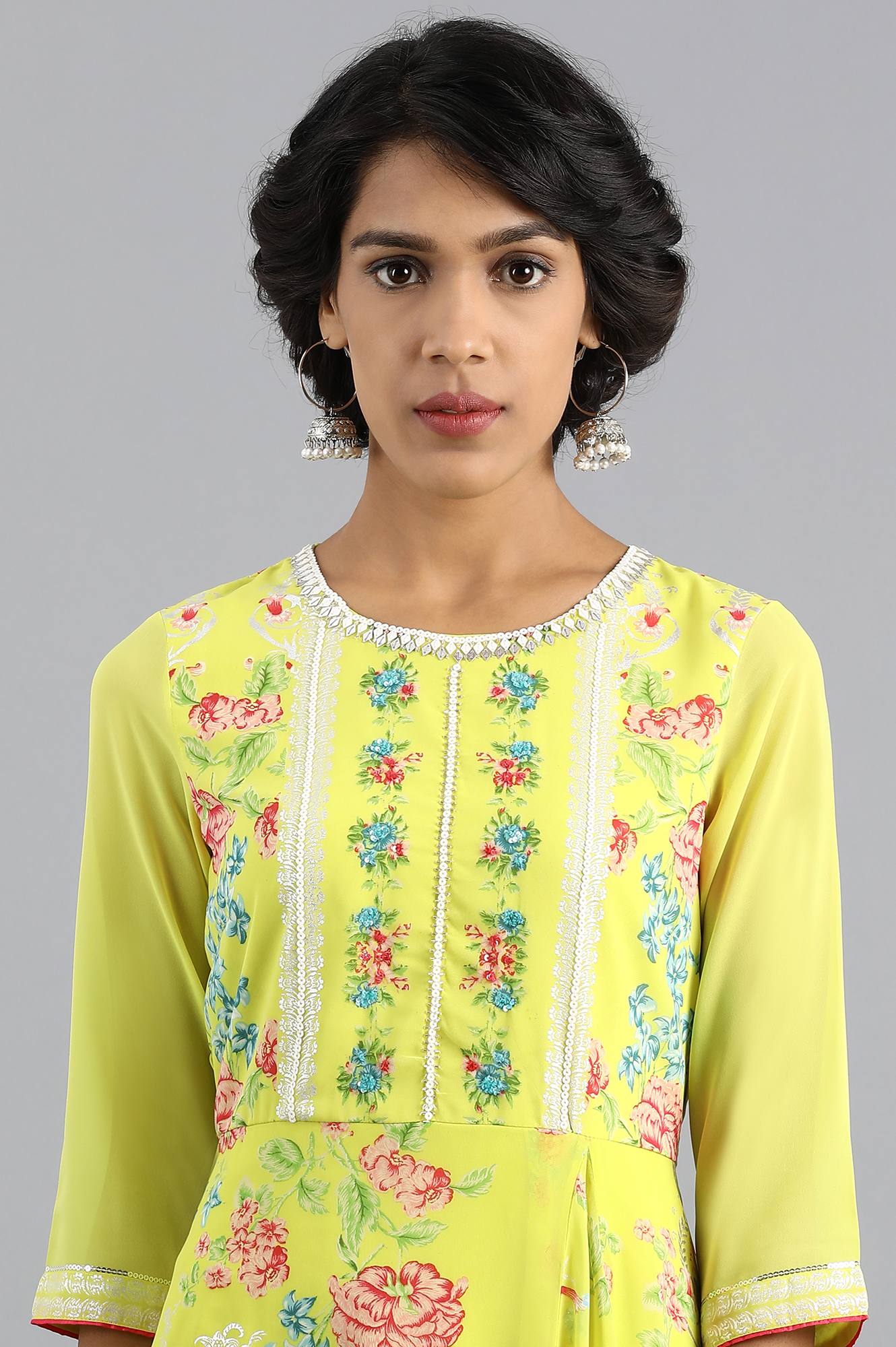 Yellow Round Neck Printed kurta