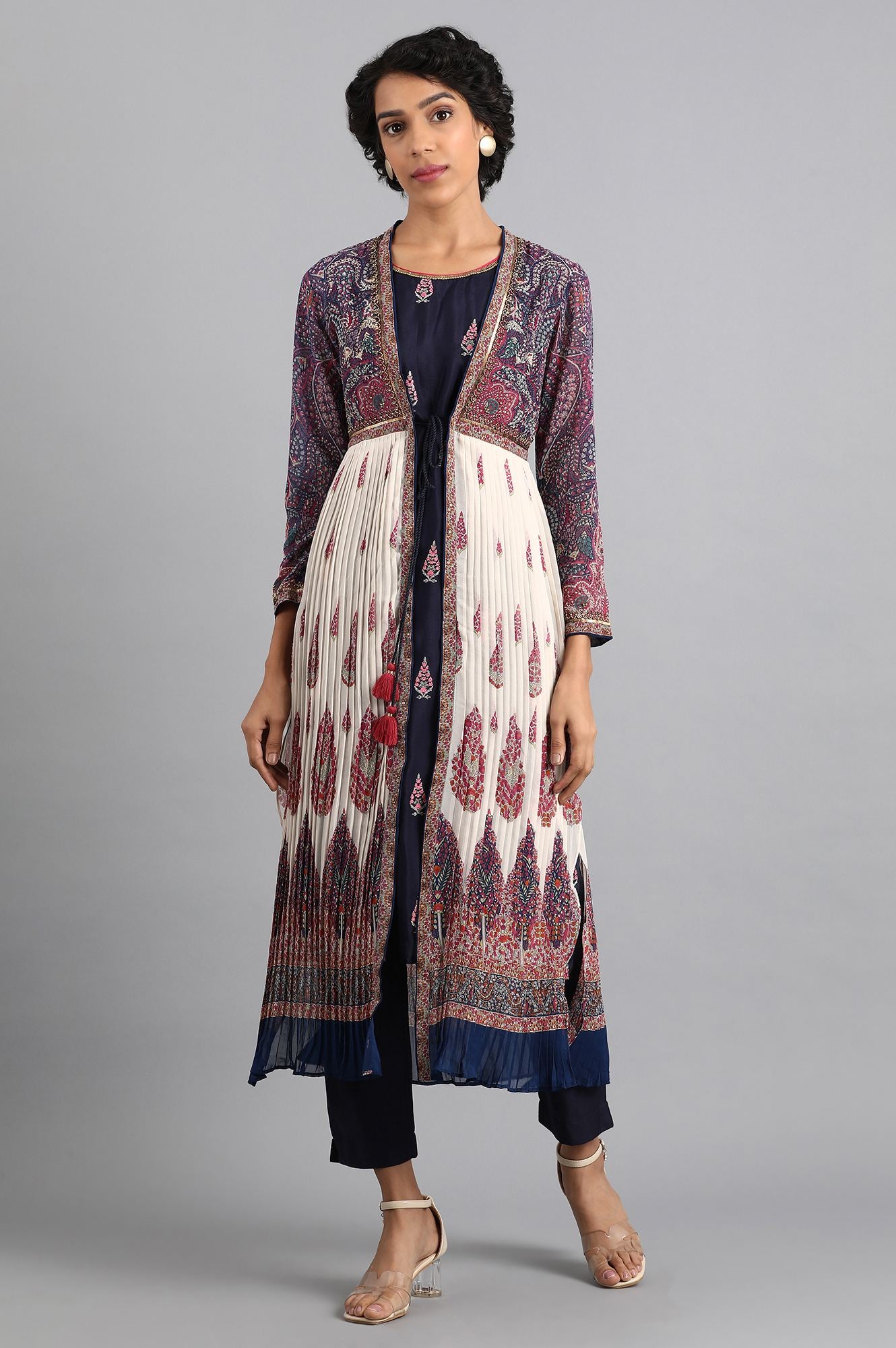 Blue Shawl Neck Printed kurta