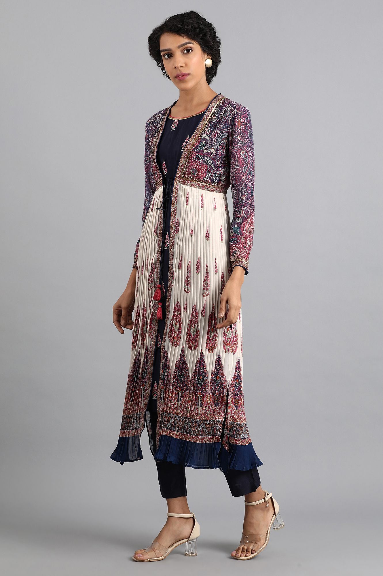 Blue Shawl Neck Printed kurta