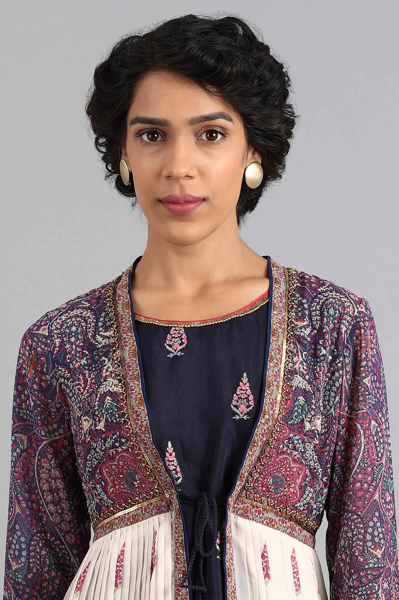 Blue Shawl Neck Printed kurta