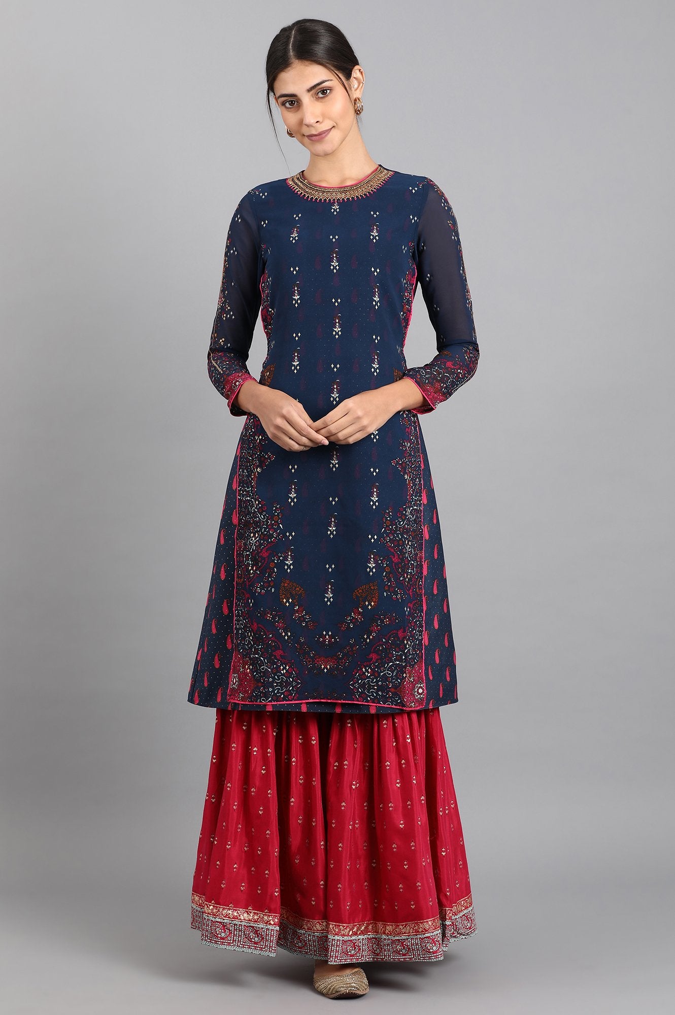 Blue Round Neck Printed kurta
