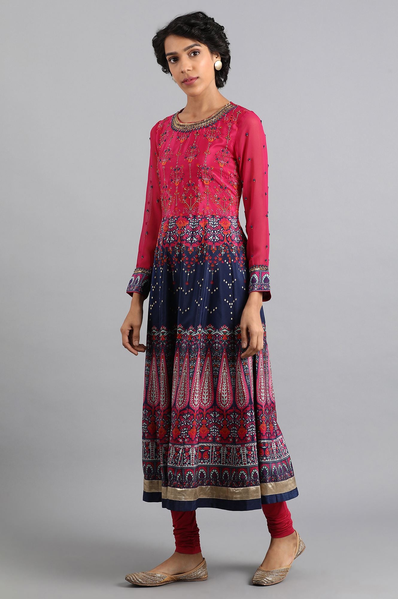 Pink & Blue Round Neck Flared kurta