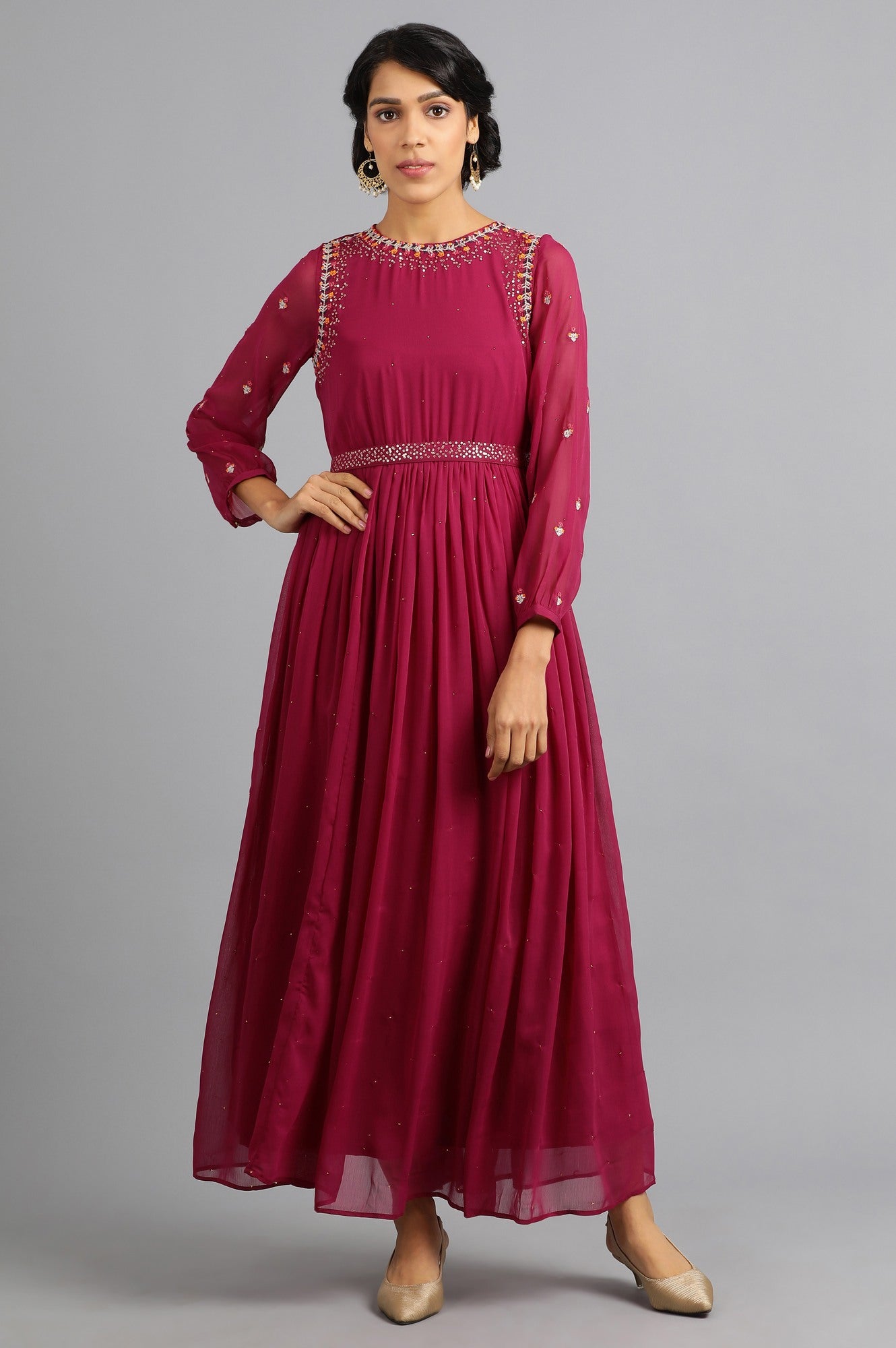Wine Round Neck Gathered Dress