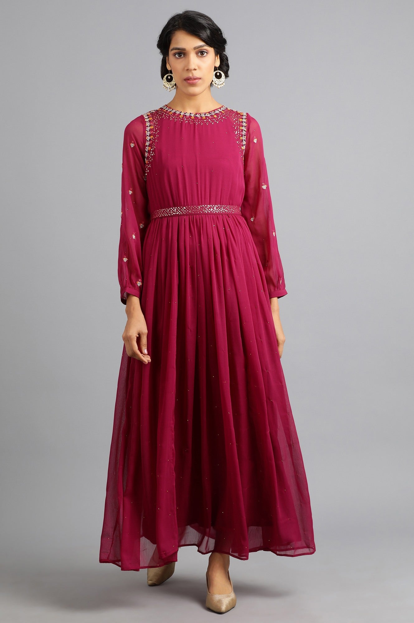 Wine Round Neck Gathered Dress