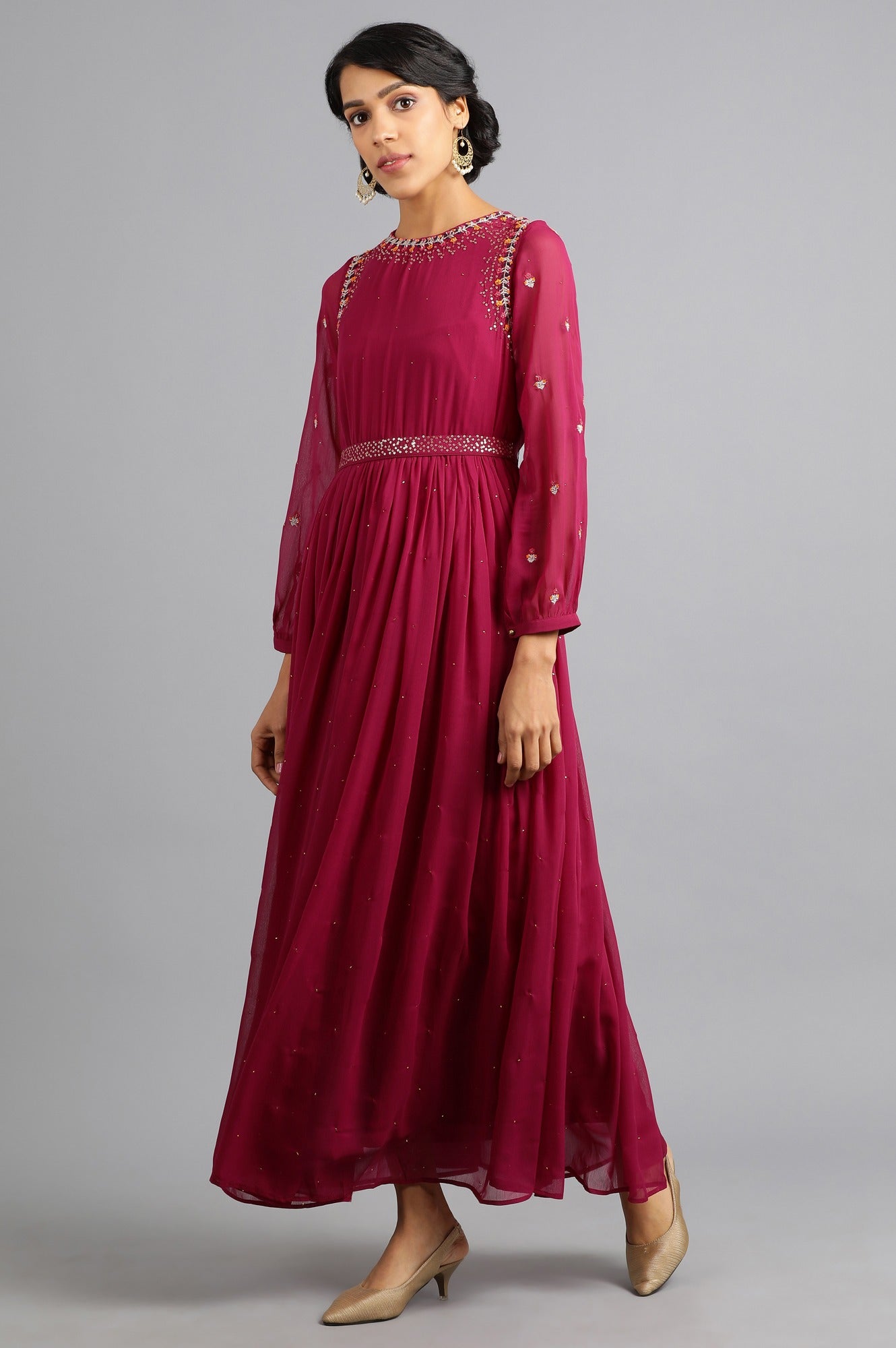 Wine Round Neck Gathered Dress