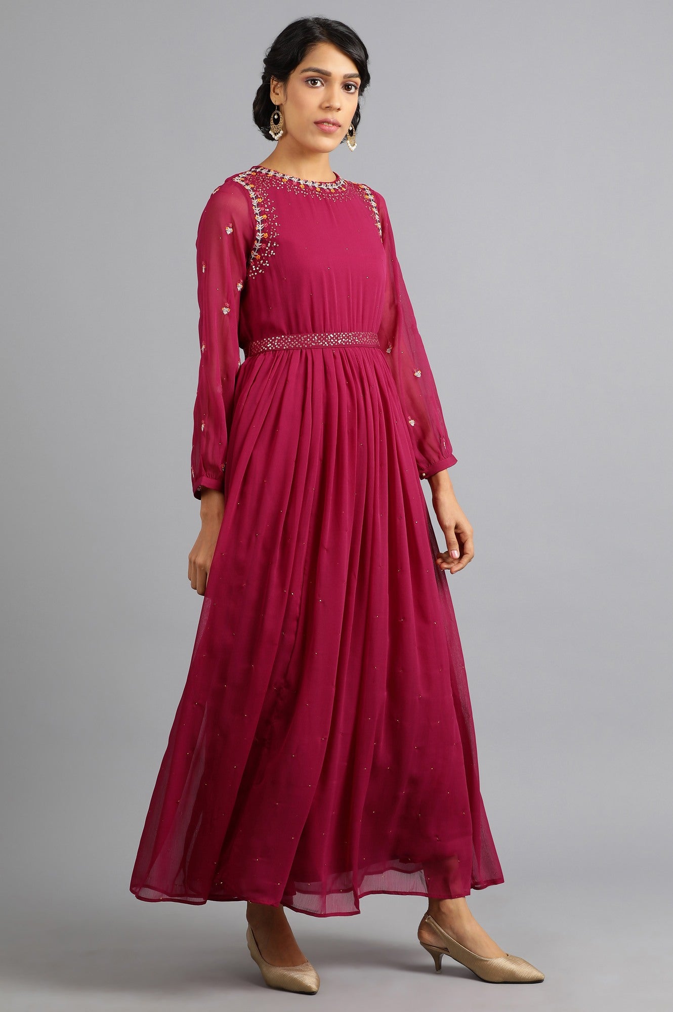 Wine Round Neck Gathered Dress