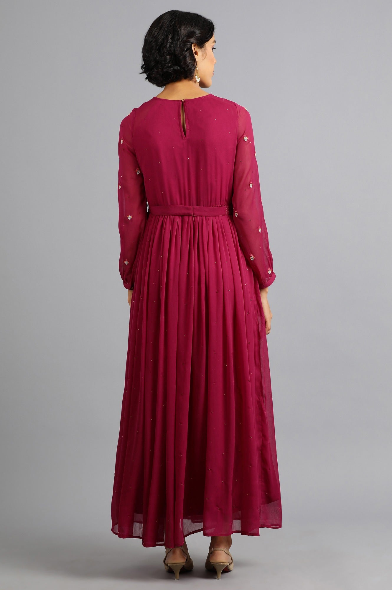 Wine Round Neck Gathered Dress