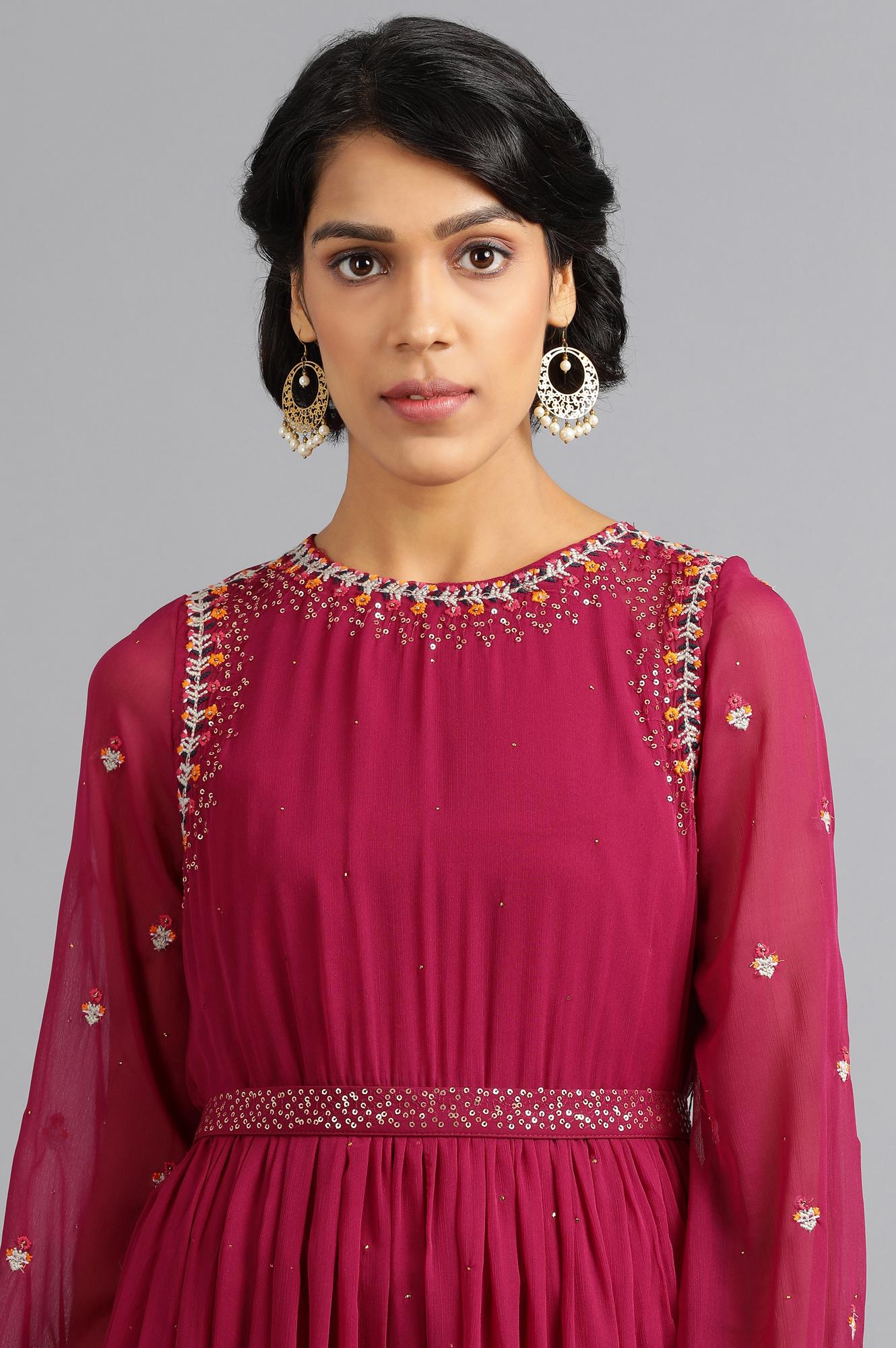 Wine Round Neck Gathered Dress