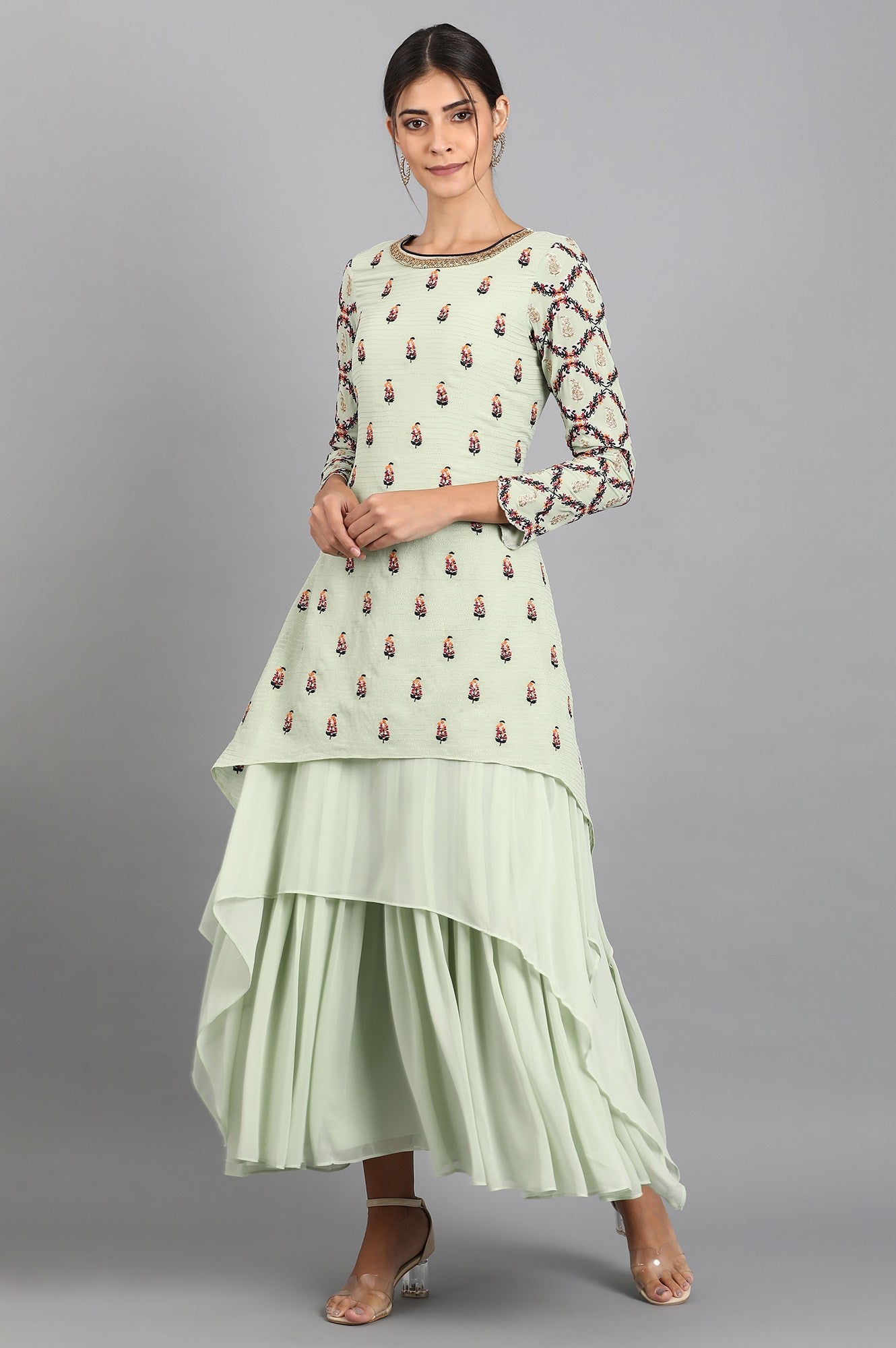 Green Round Neck Asymmetric kurta