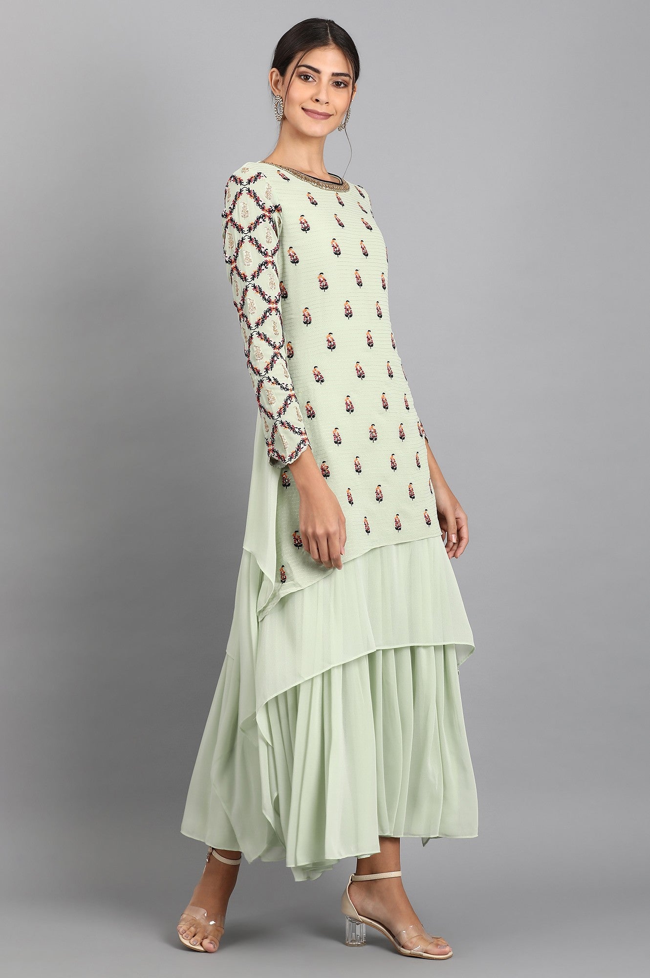 Green Round Neck Asymmetric kurta
